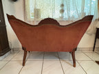 1940s Victorian Carved Mahogany Red Wine Velvet Parlor Settee /Loveseat / Sofa / Couch