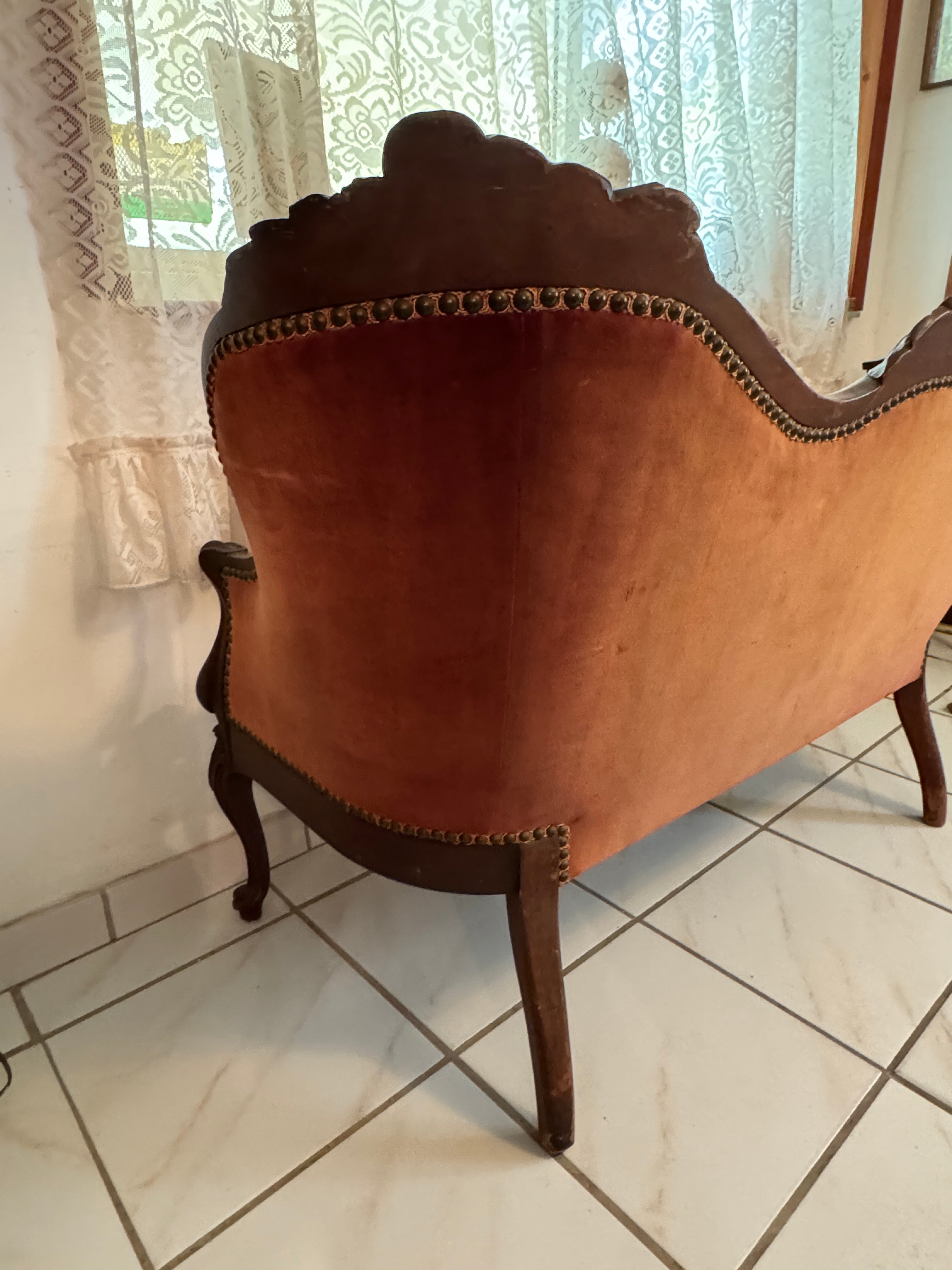 1940s Victorian Carved Mahogany Red Wine Velvet Parlor Settee /Loveseat / Sofa / Couch