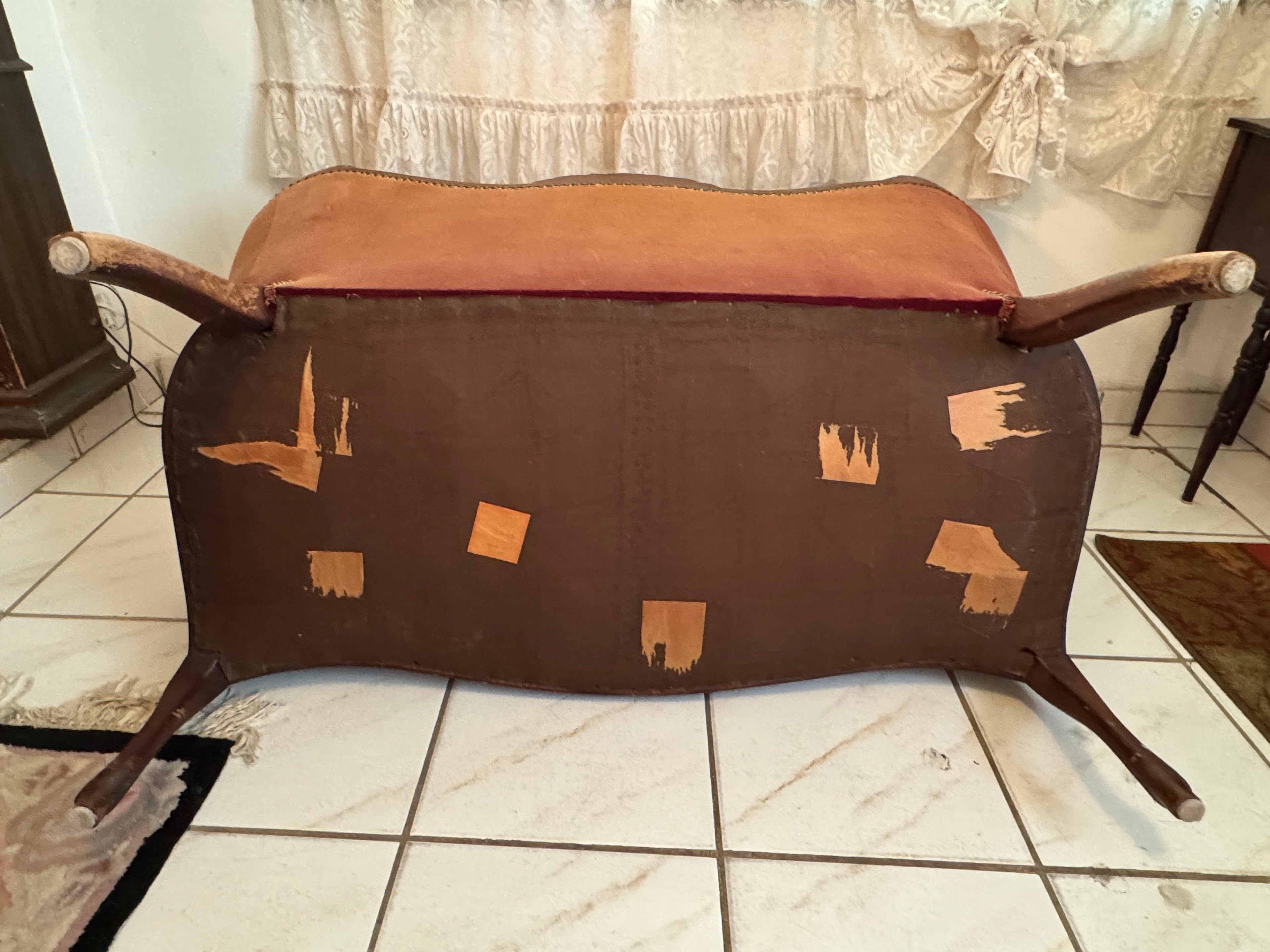 1940s Victorian Carved Mahogany Red Wine Velvet Parlor Settee /Loveseat / Sofa / Couch