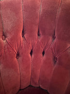 1940s Victorian Carved Mahogany Red Wine Velvet Parlor Settee /Loveseat / Sofa / Couch