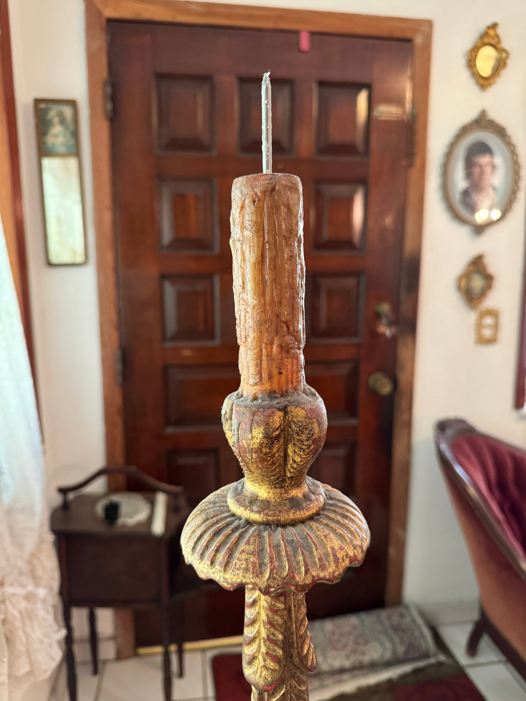 Baroque Tall Painted & Gilted Altar Candelabra Candlestick