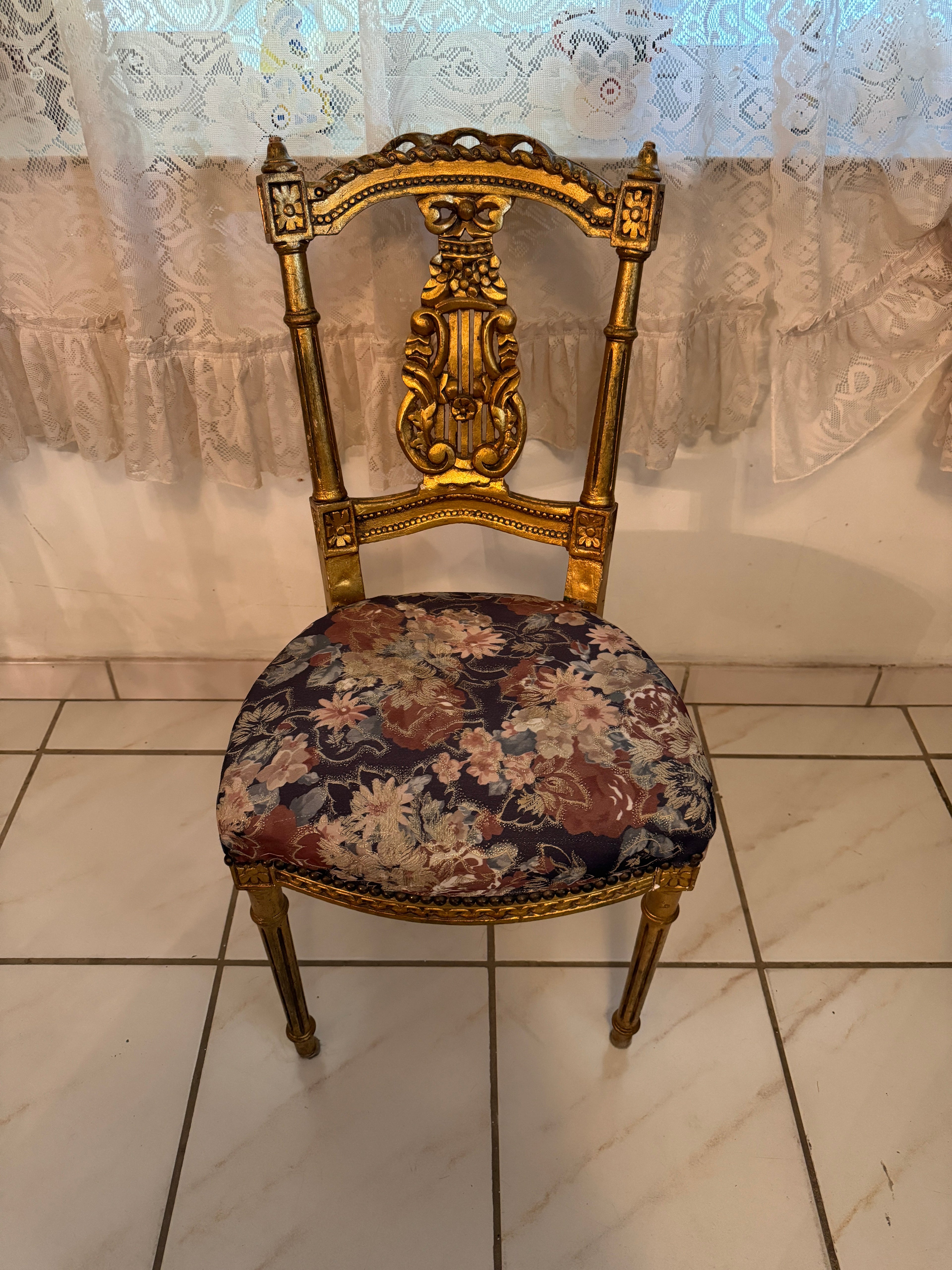 Antique French Louis XIV Gold Leaf Side Accent Harp Small Chair