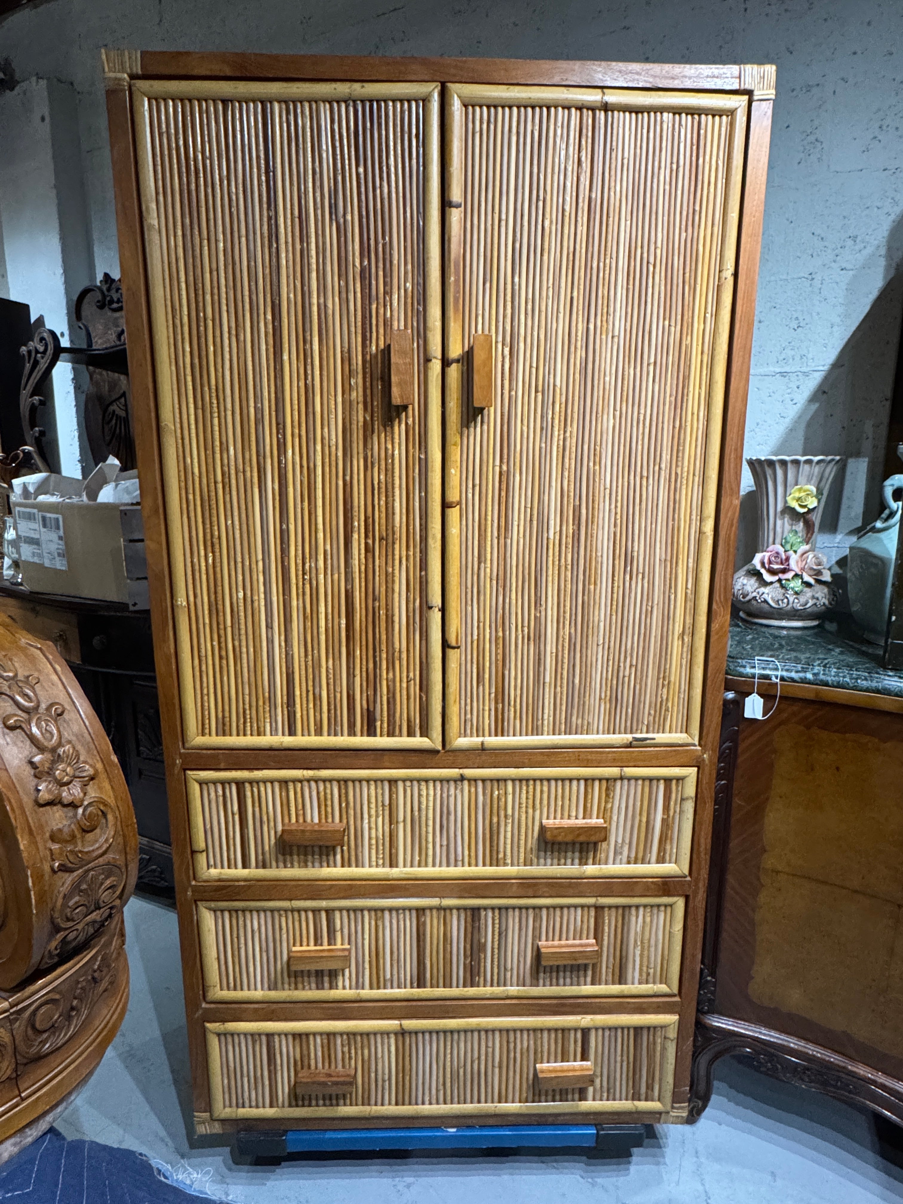Vintage Pencil Reed Rattan Armoire – Mid-Century Modern Storage Cabinet with Decorative Detailing
