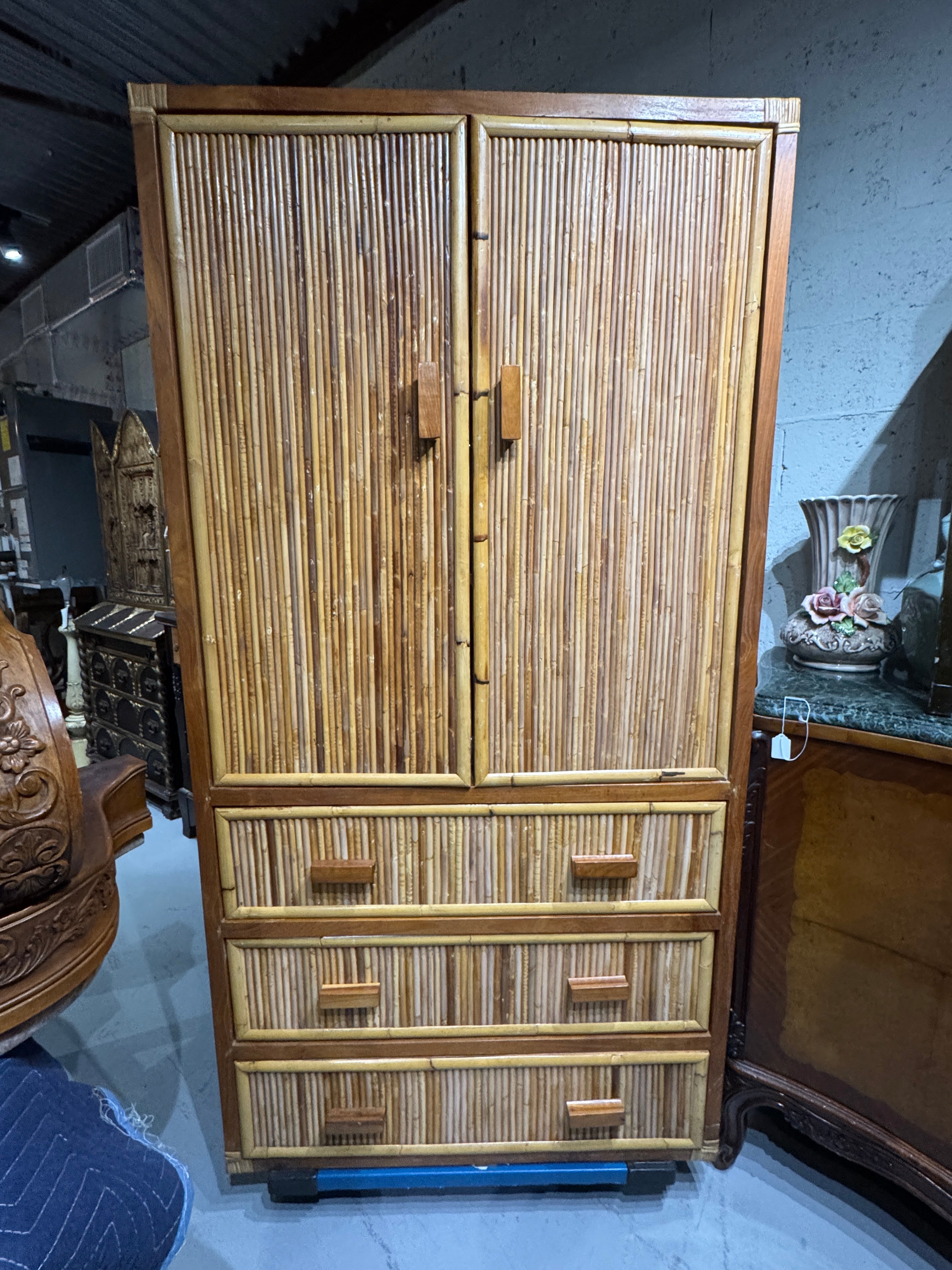 Vintage Pencil Reed Rattan Armoire – Mid-Century Modern Storage Cabinet with Decorative Detailing