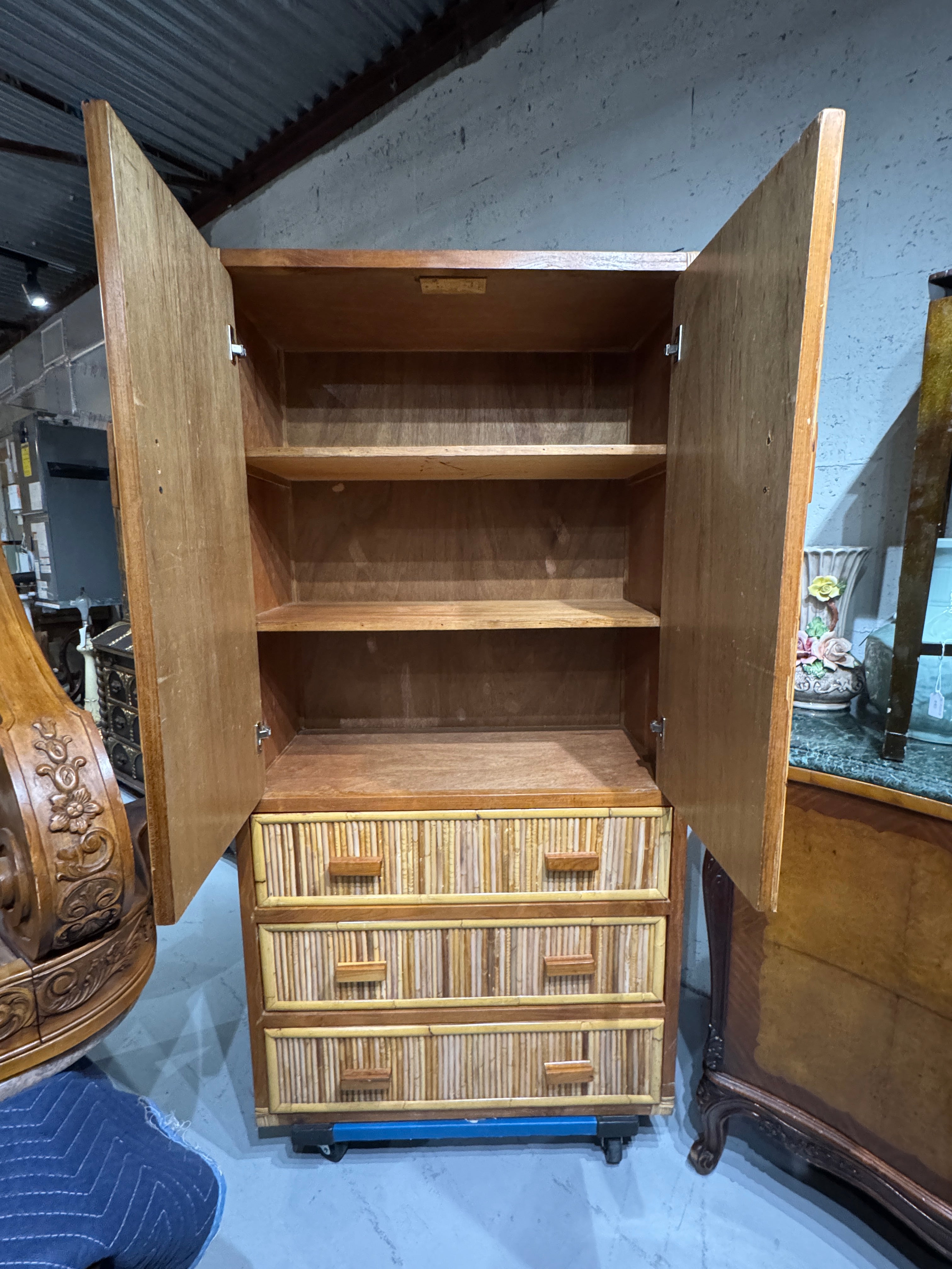Vintage Pencil Reed Rattan Armoire – Mid-Century Modern Storage Cabinet with Decorative Detailing