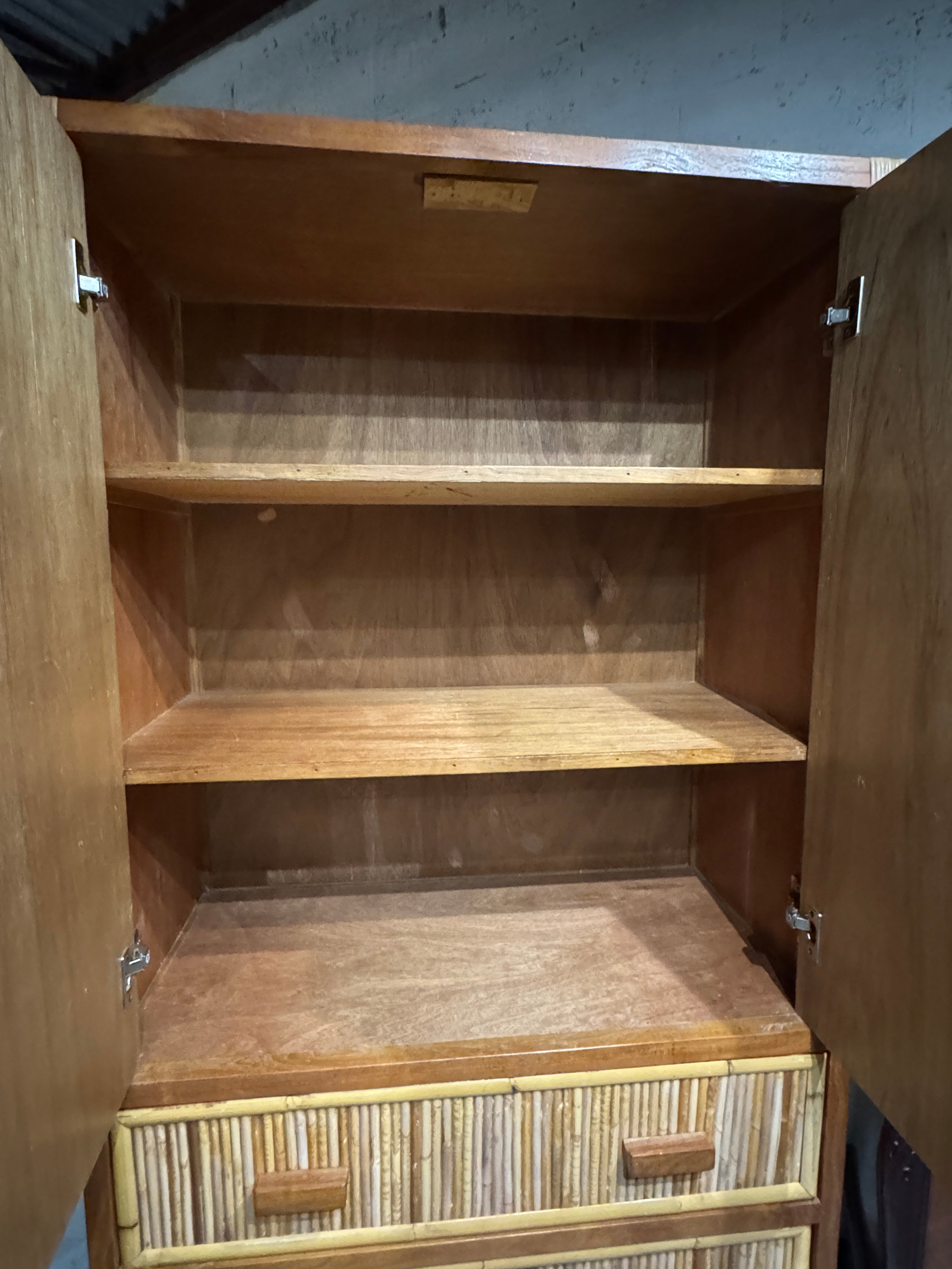 Vintage Pencil Reed Rattan Armoire – Mid-Century Modern Storage Cabinet with Decorative Detailing