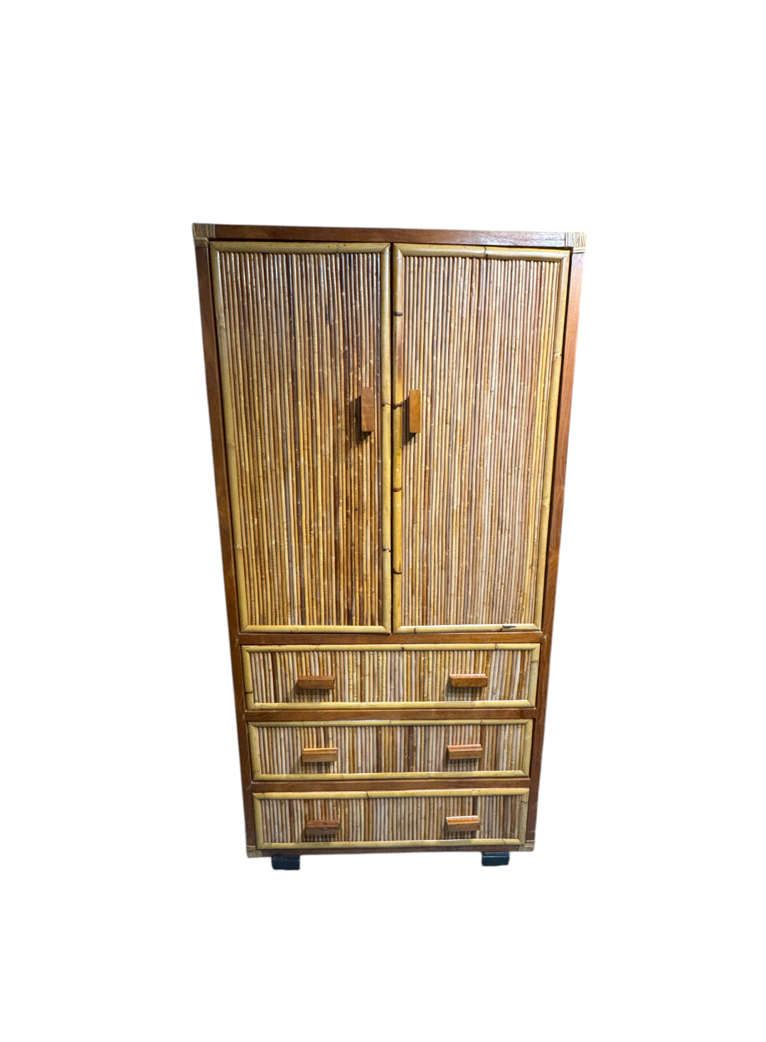 Vintage Pencil Reed Rattan Armoire – Mid-Century Modern Storage Cabinet with Decorative Detailing