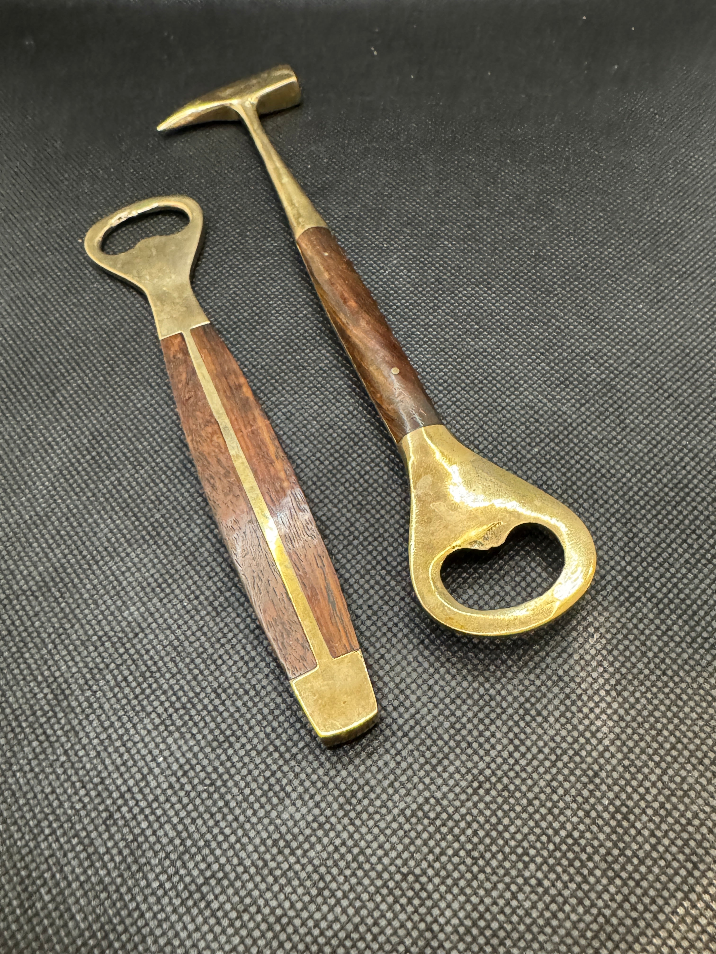 Vintage Brass Bar Set with Wood Handles, Bottle Opener and Ice Pick, Set of 2