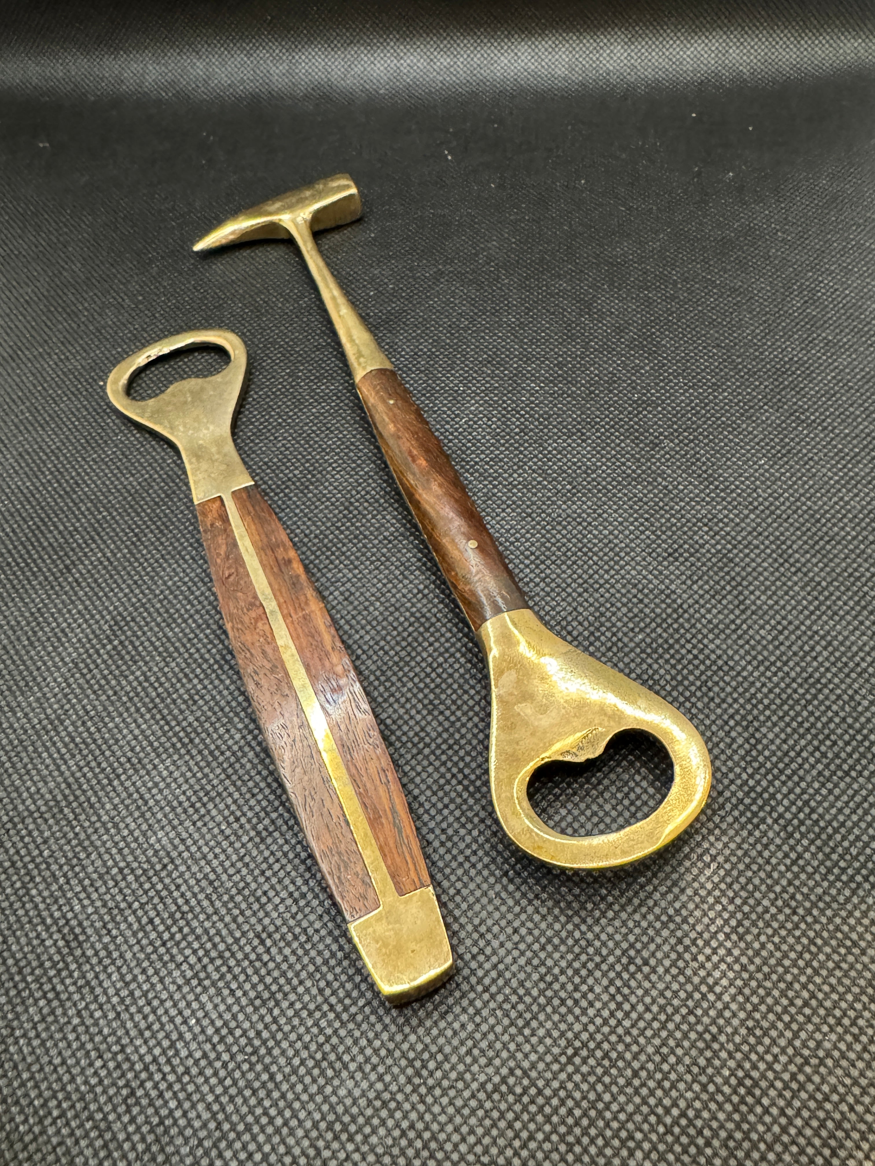 Vintage Brass Bar Set with Wood Handles, Bottle Opener and Ice Pick, Set of 2