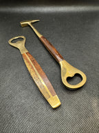 Vintage Brass Bar Set with Wood Handles, Bottle Opener and Ice Pick, Set of 2