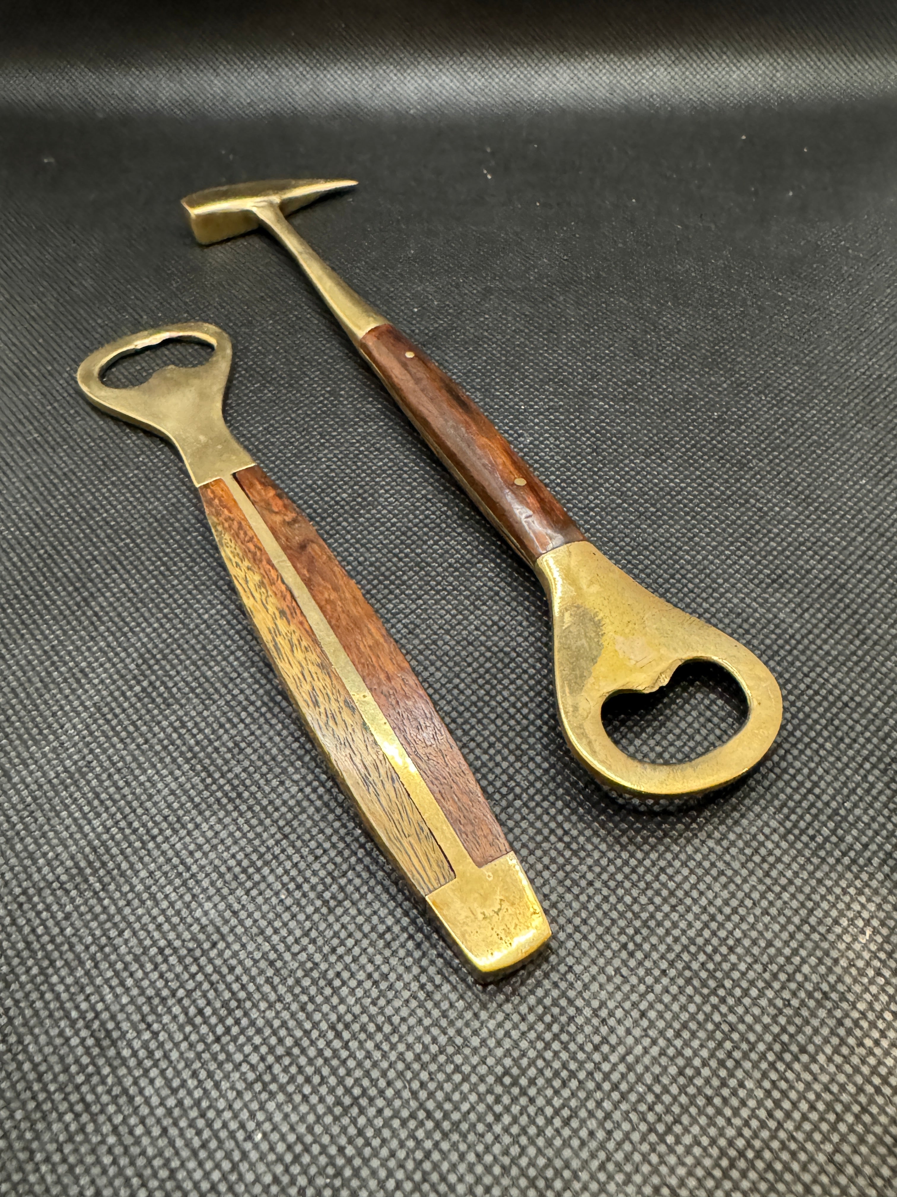 Vintage Brass Bar Set with Wood Handles, Bottle Opener and Ice Pick, Set of 2