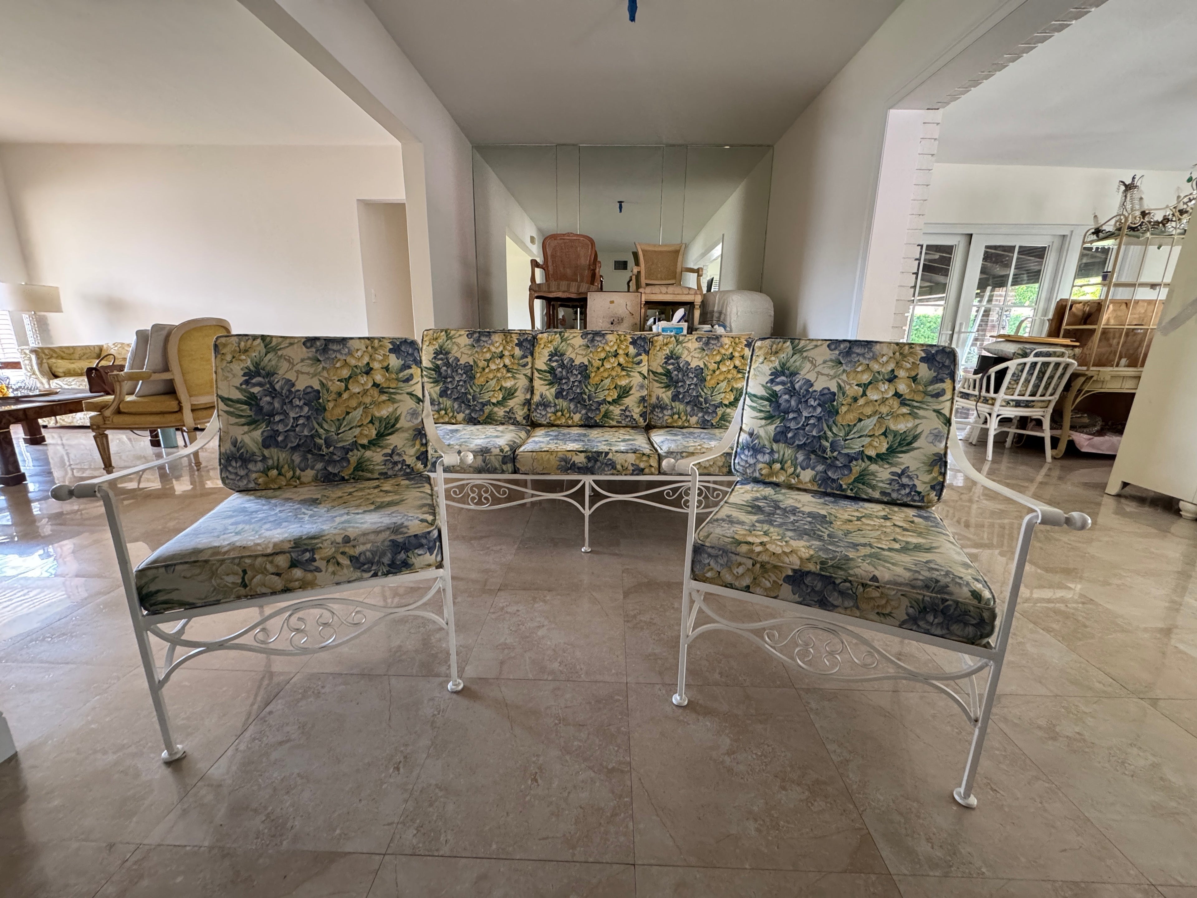 1970s Palm Beach Regency Wrought Iron Patio Set - Sofa and 2 Arm Chairs