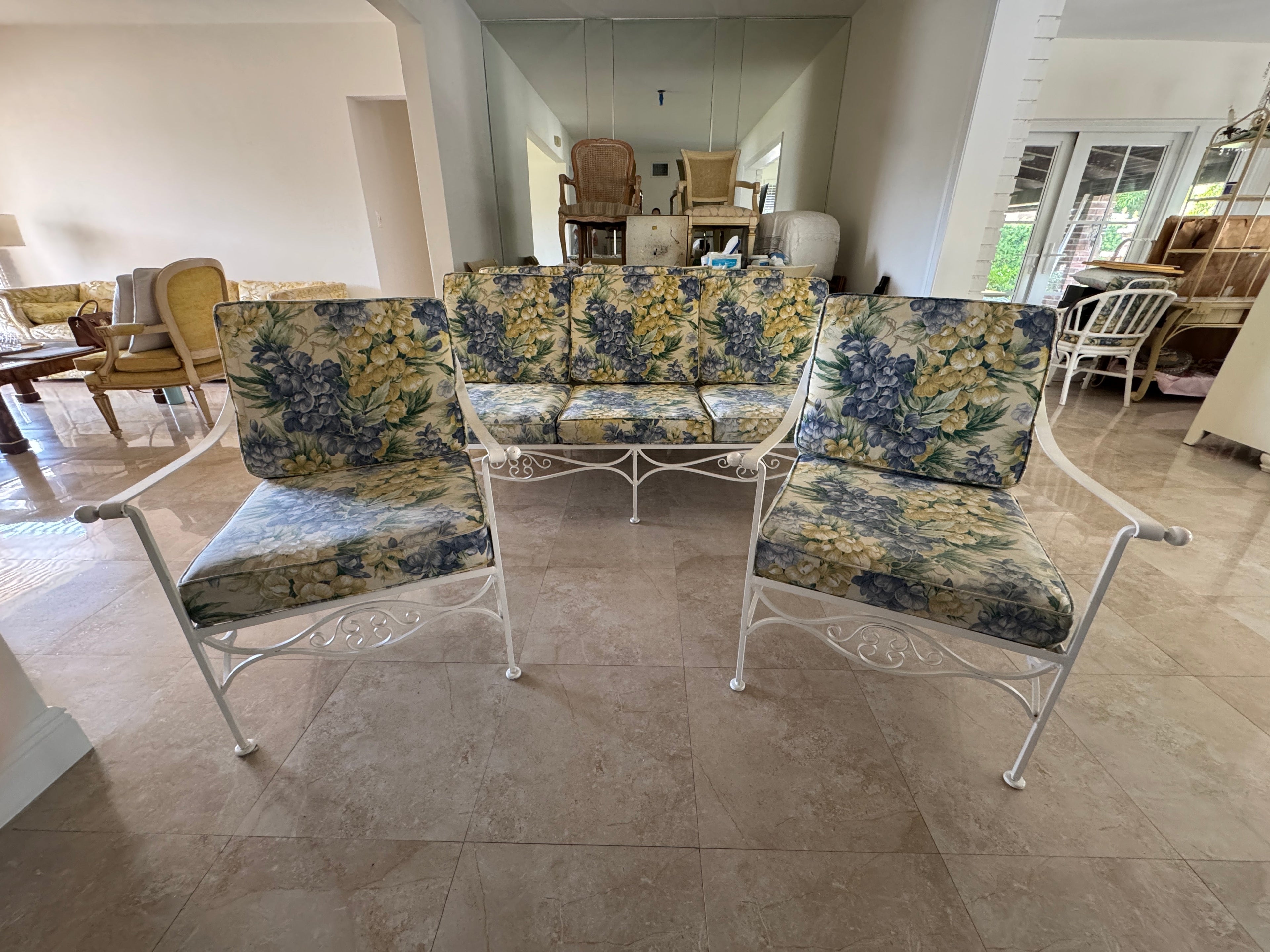 1970s Palm Beach Regency Wrought Iron Patio Set - Sofa and 2 Arm Chairs