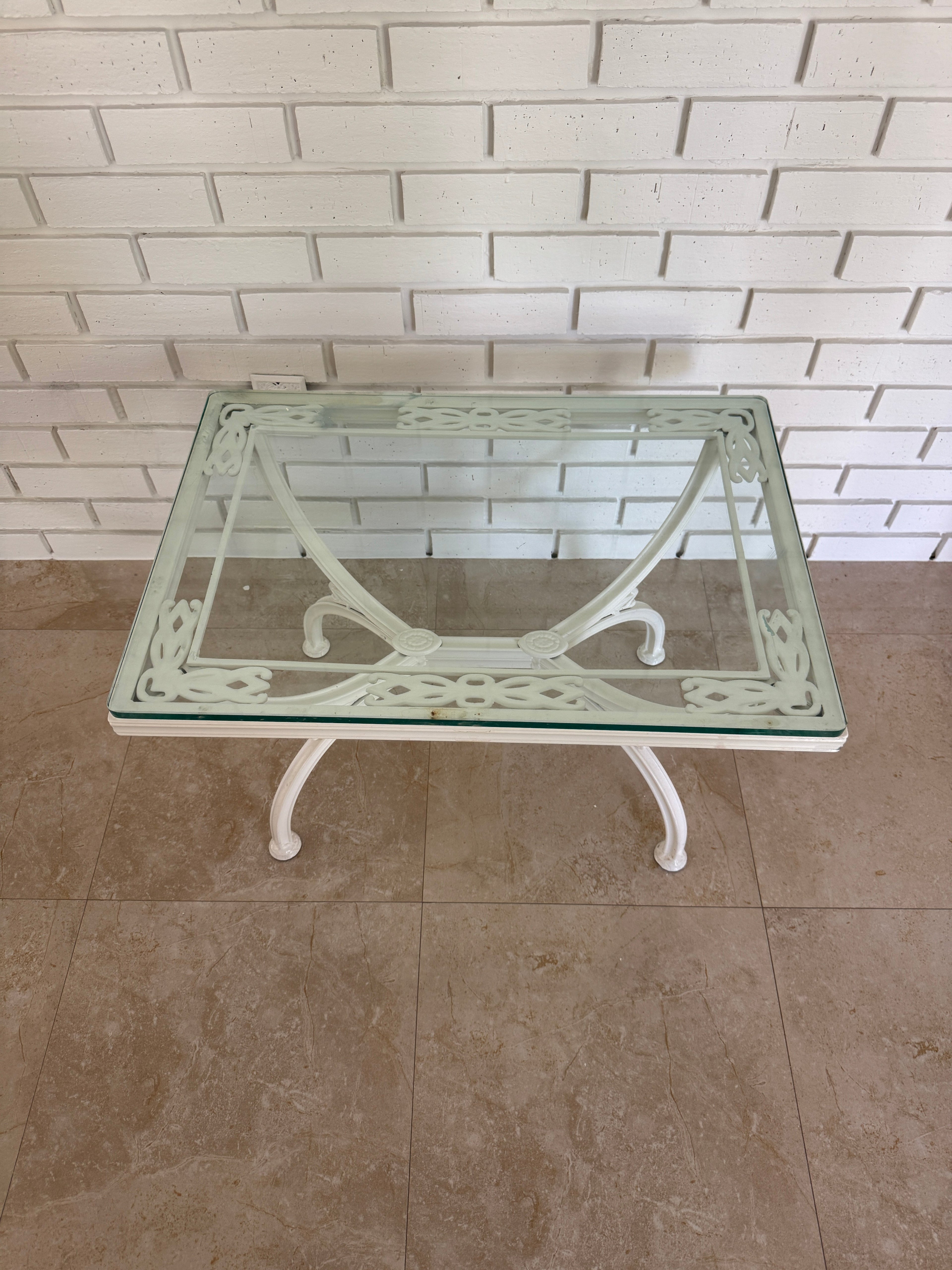 1970s Painted Wrought Iron Indoor/Outdoor Coffee or Side Table with Glass Top