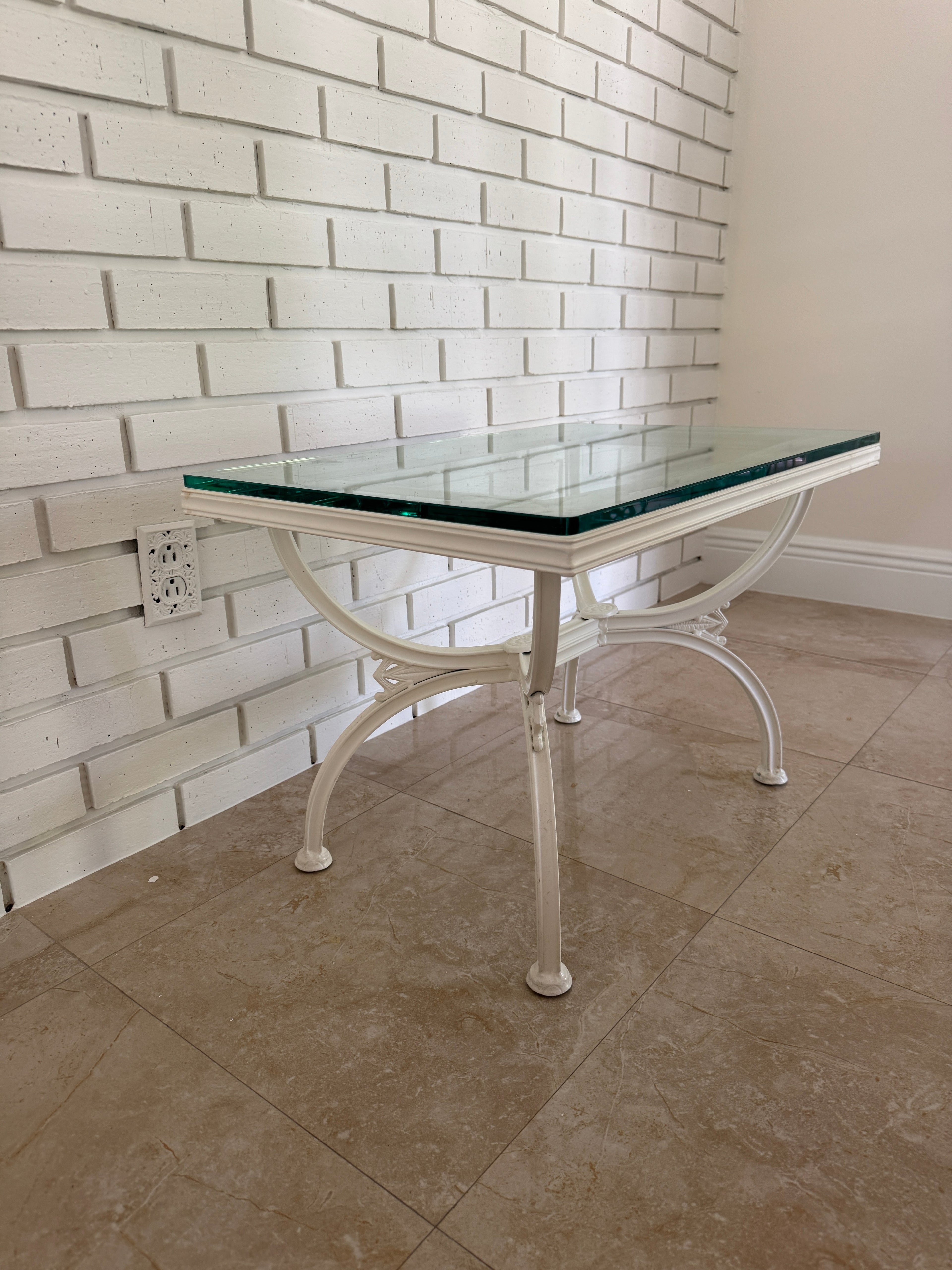 1970s Painted Wrought Iron Indoor/Outdoor Coffee or Side Table with Glass Top