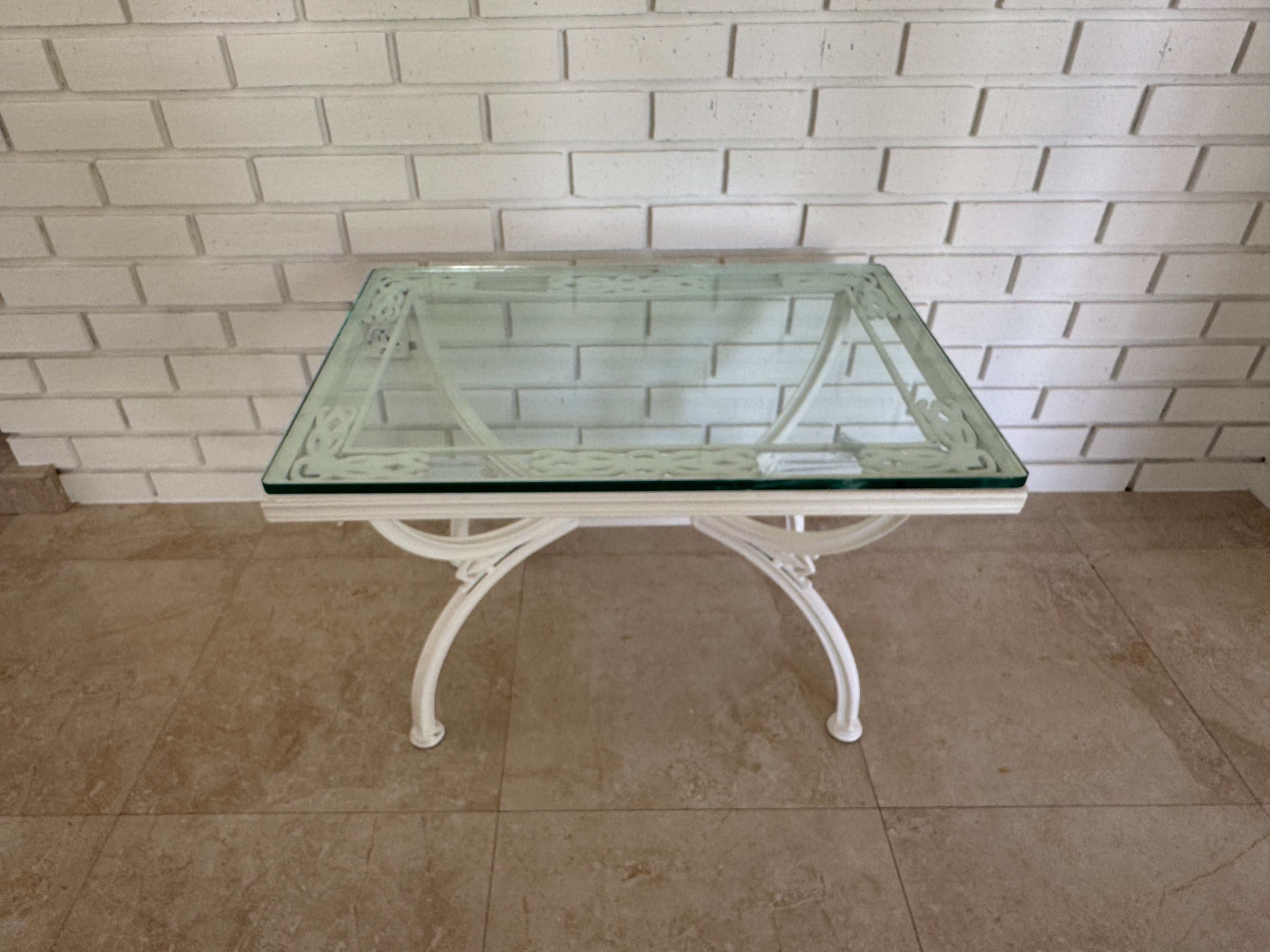 1970s Painted Wrought Iron Indoor/Outdoor Coffee or Side Table with Glass Top