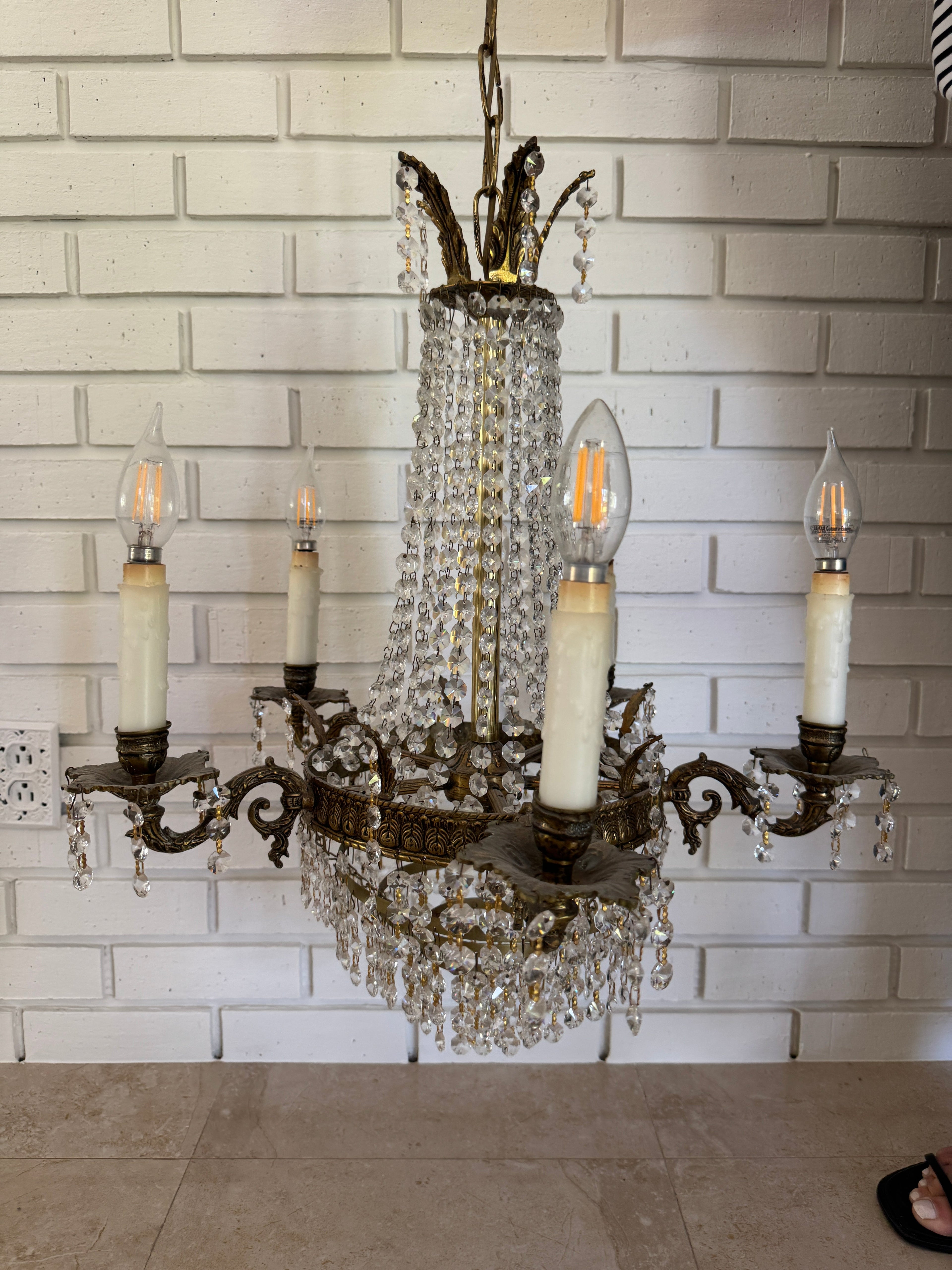 Antique French Empire Style Crystal and Gilt Brass Chandelier