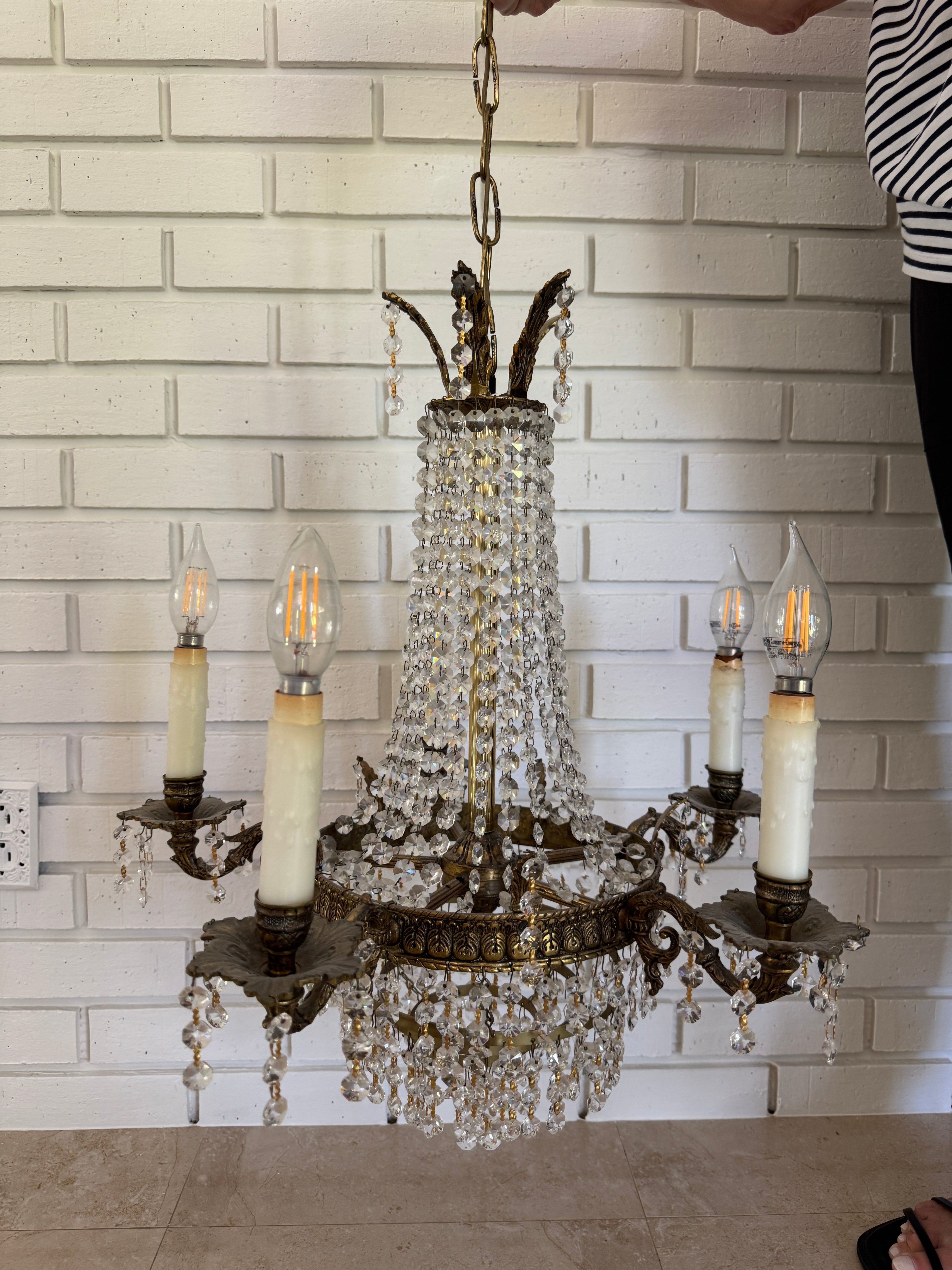 Antique French Empire Style Crystal and Gilt Brass Chandelier