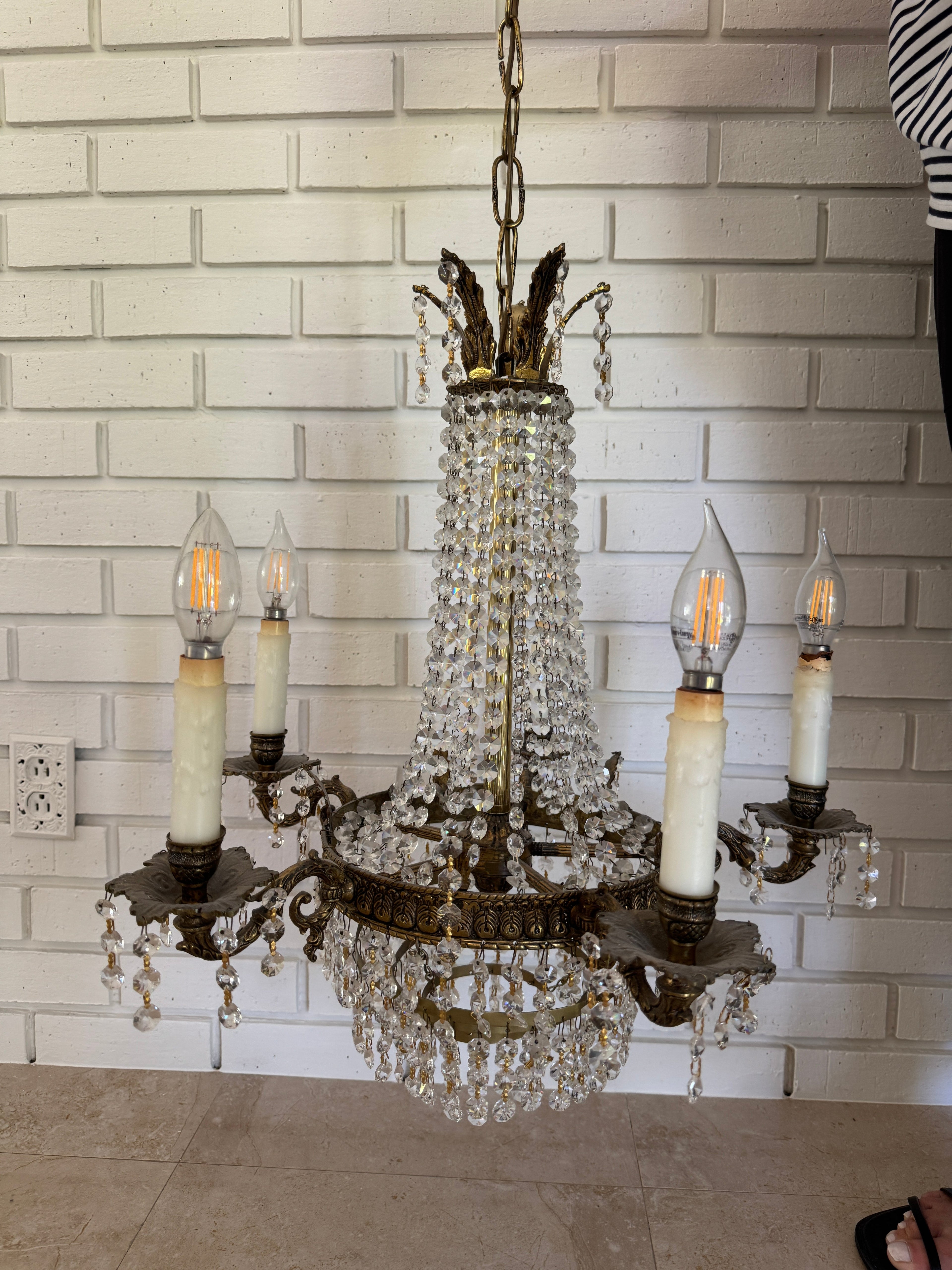 Antique French Empire Style Crystal and Gilt Brass Chandelier