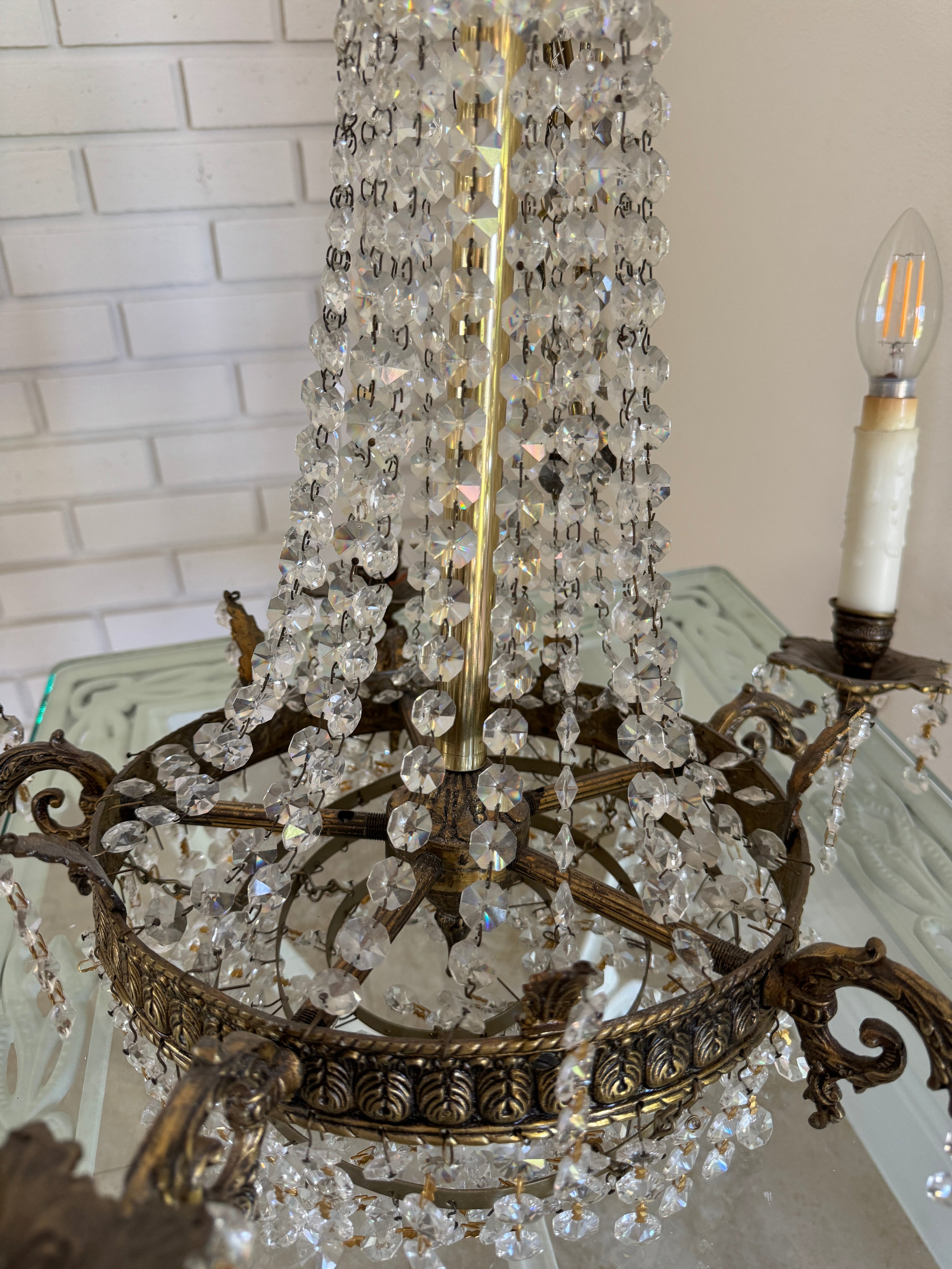 Antique French Empire Style Crystal and Gilt Brass Chandelier
