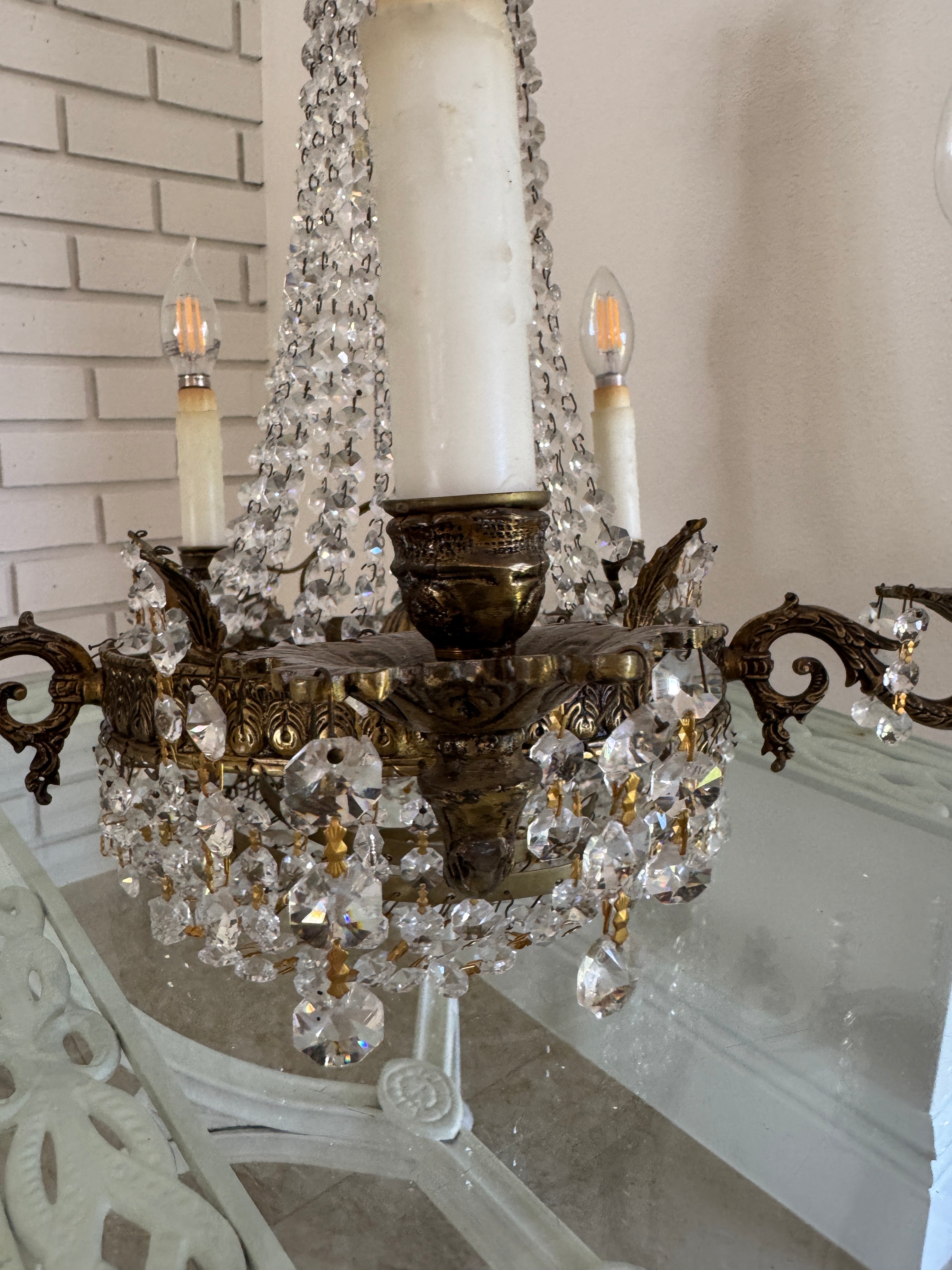 Antique French Empire Style Crystal and Gilt Brass Chandelier
