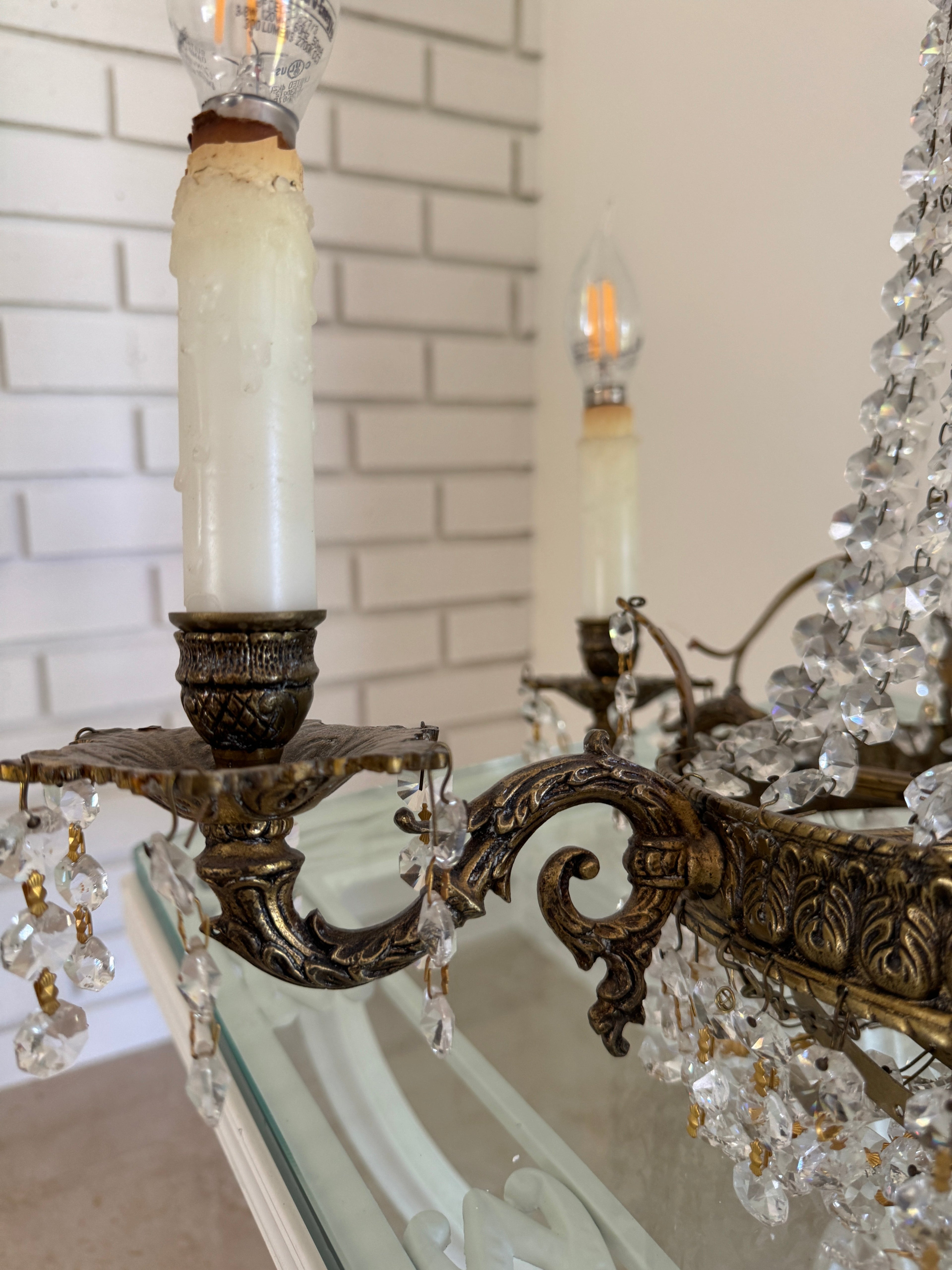 Antique French Empire Style Crystal and Gilt Brass Chandelier