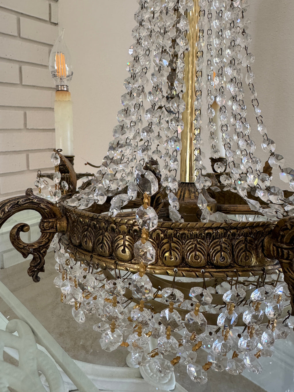 Antique French Empire Style Crystal and Gilt Brass Chandelier