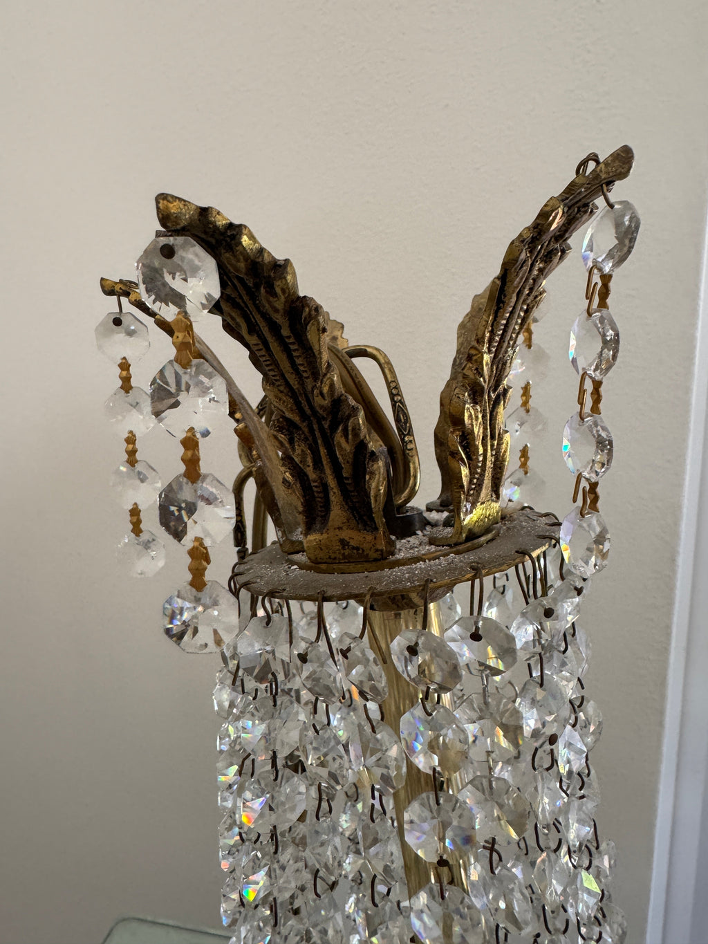 Antique French Empire Style Crystal and Gilt Brass Chandelier