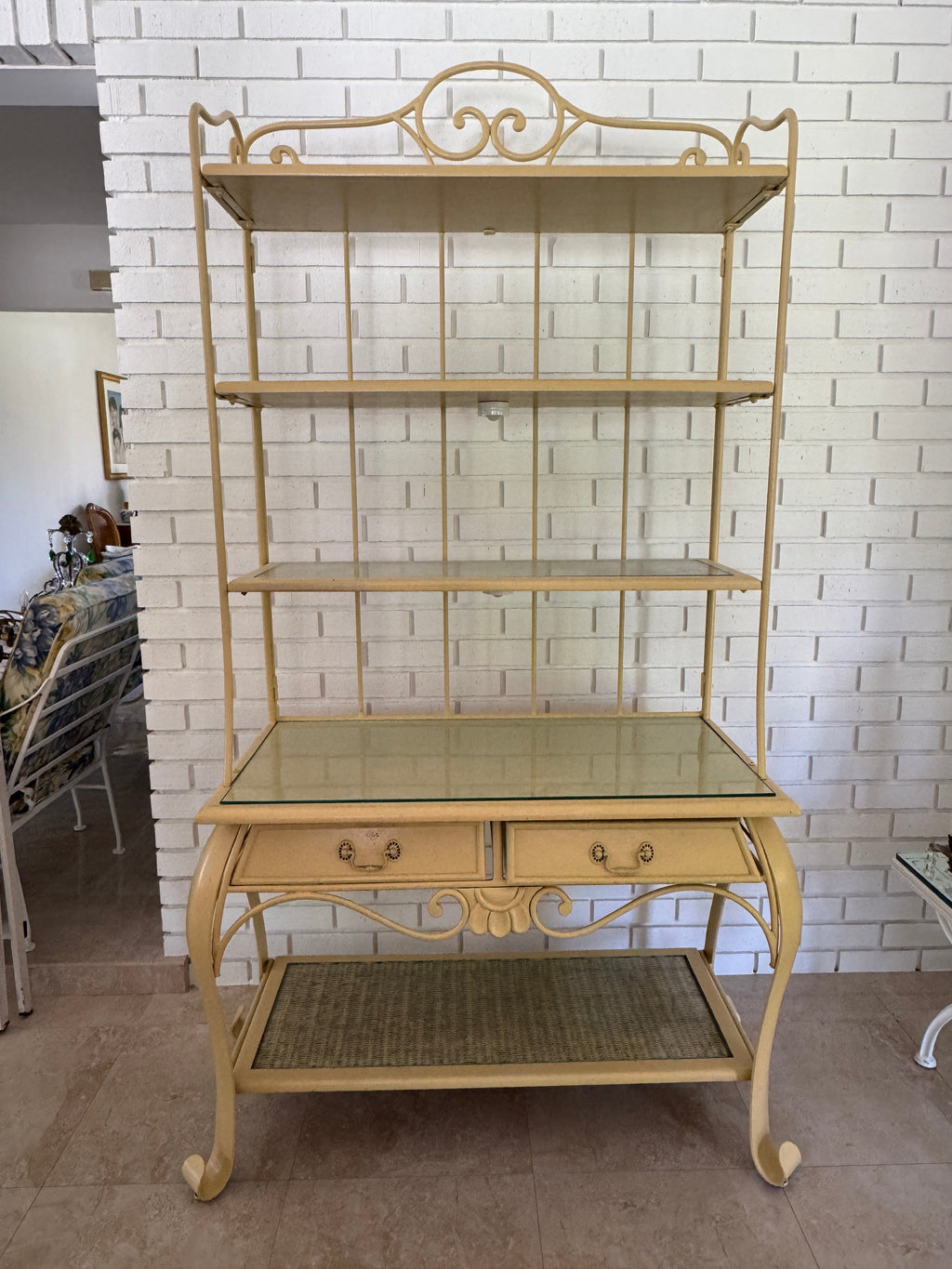 Vintage 1970s Wrought Iron Bakers Rack with Woven Rattan Shelves