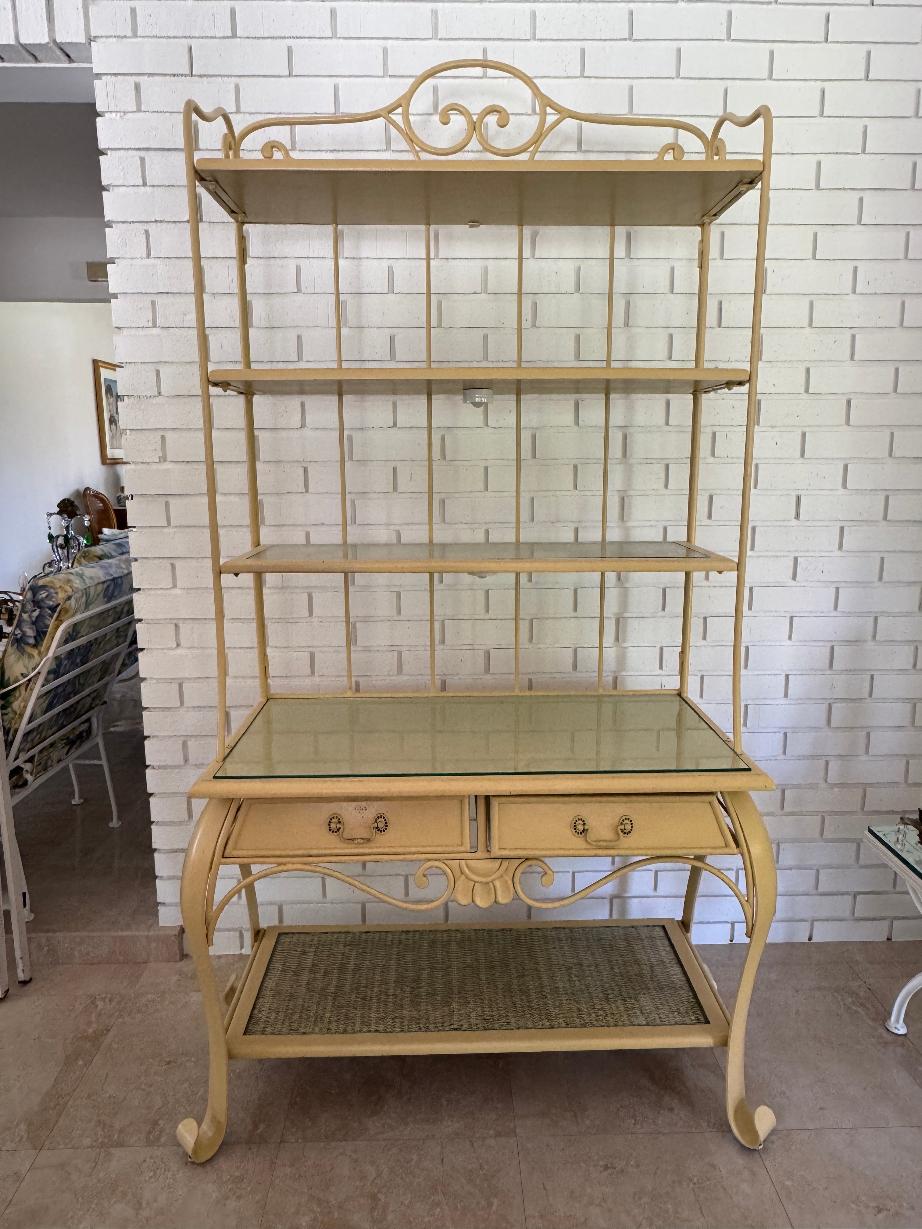 Vintage 1970s Wrought Iron Bakers Rack with Woven Rattan Shelves