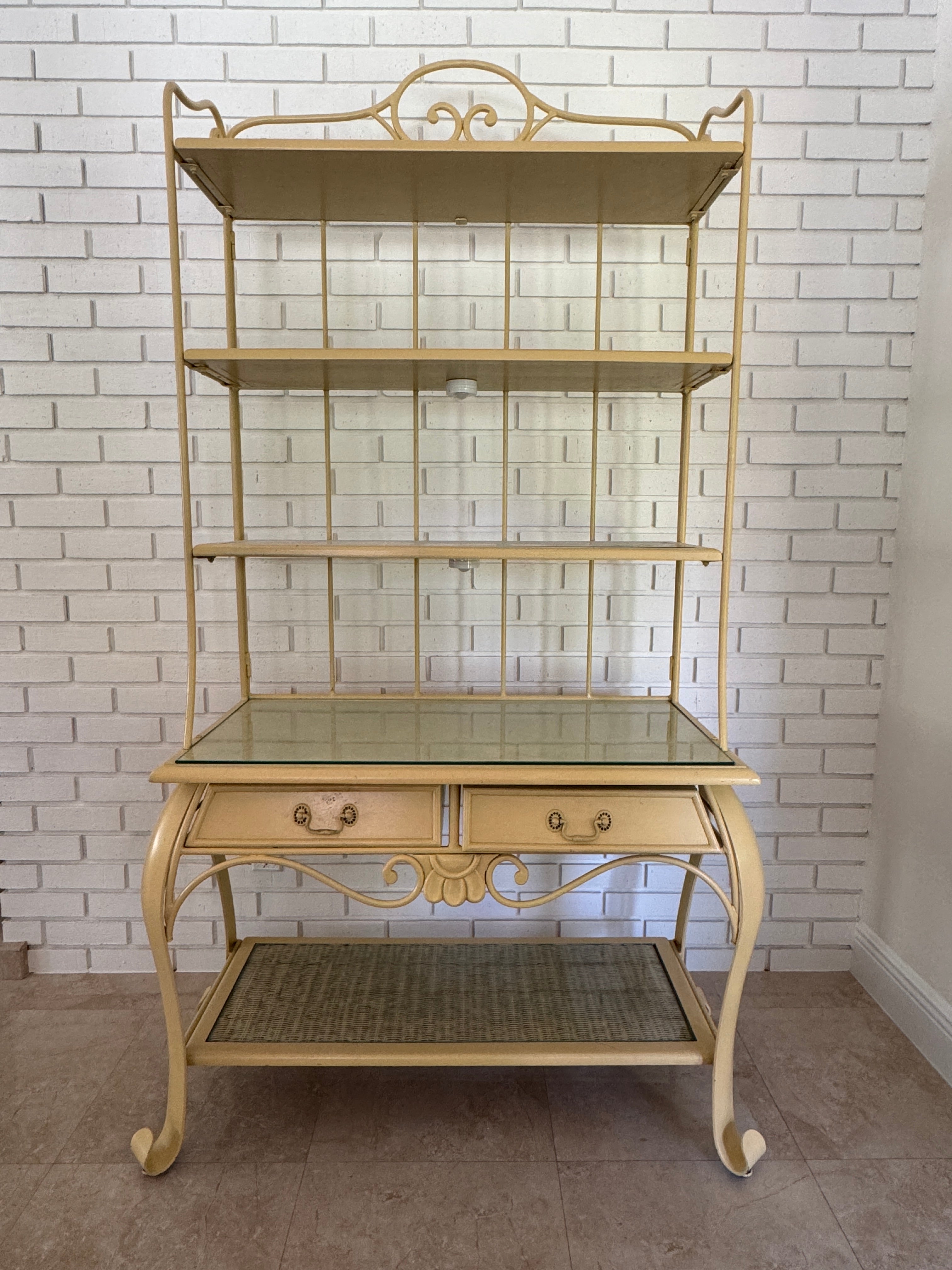 Vintage 1970s Wrought Iron Bakers Rack with Woven Rattan Shelves