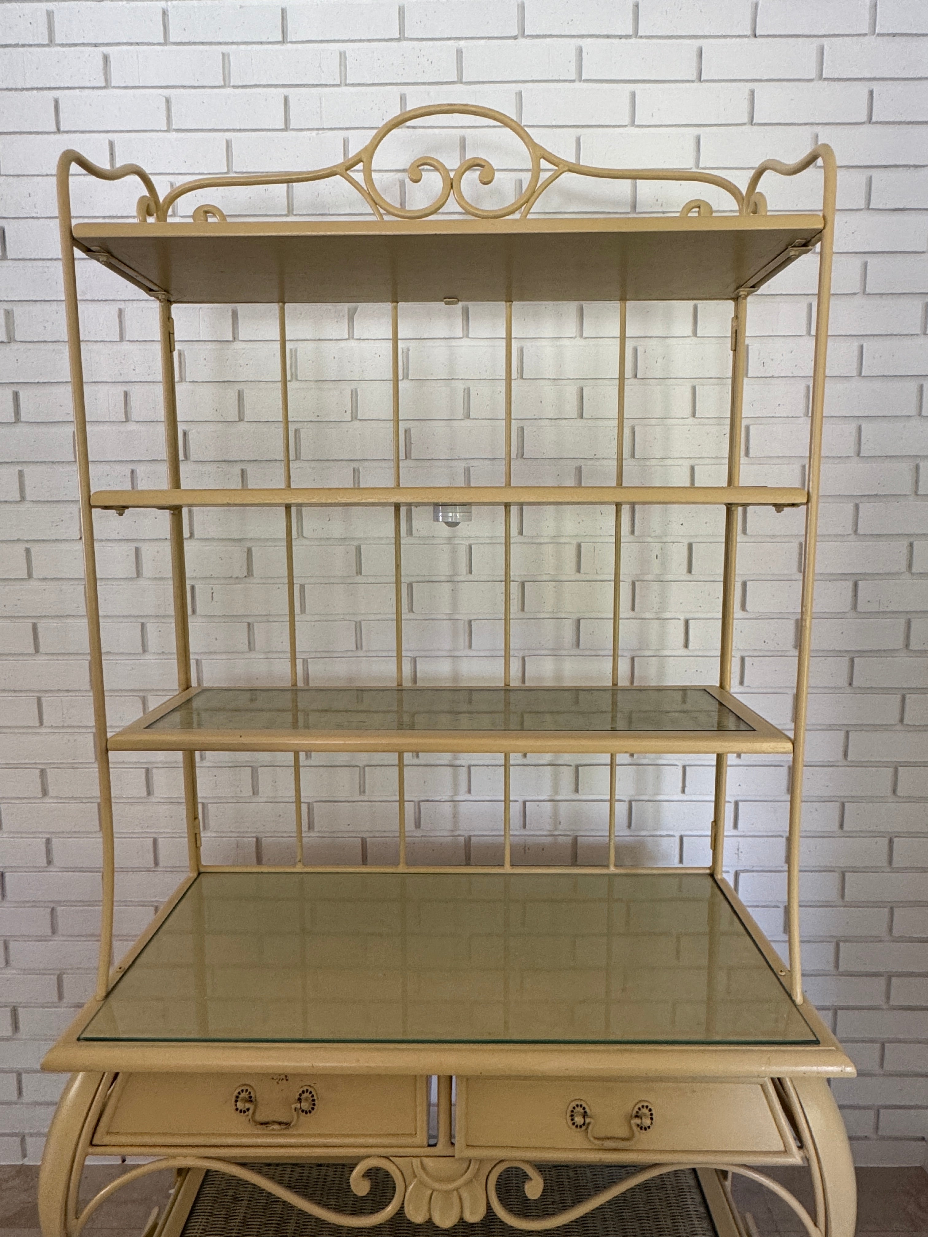 Vintage 1970s Wrought Iron Bakers Rack with Woven Rattan Shelves