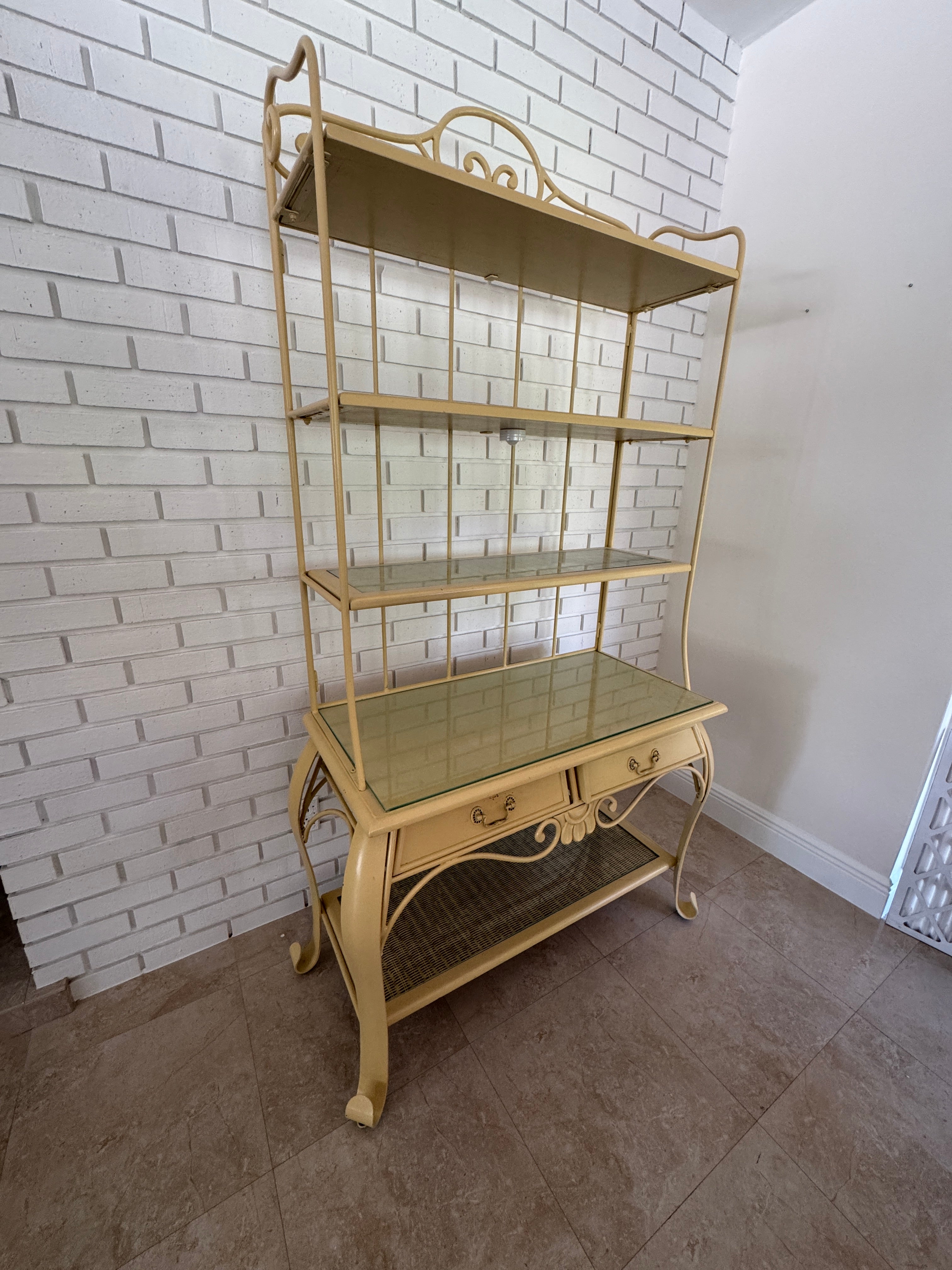 Vintage 1970s Wrought Iron Bakers Rack with Woven Rattan Shelves