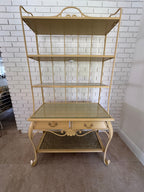 Vintage 1970s Wrought Iron Bakers Rack with Woven Rattan Shelves