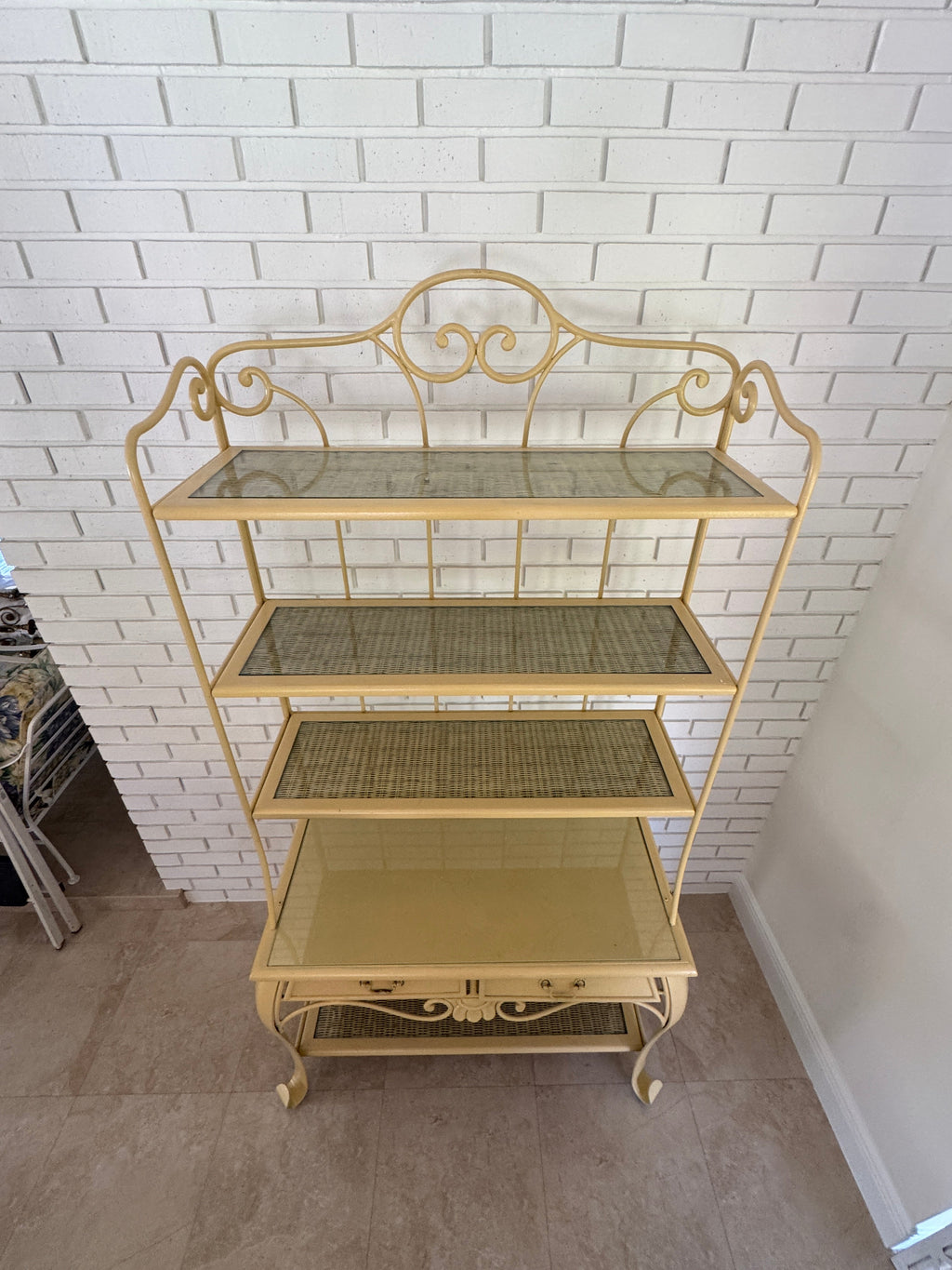 Vintage 1970s Wrought Iron Bakers Rack with Woven Rattan Shelves