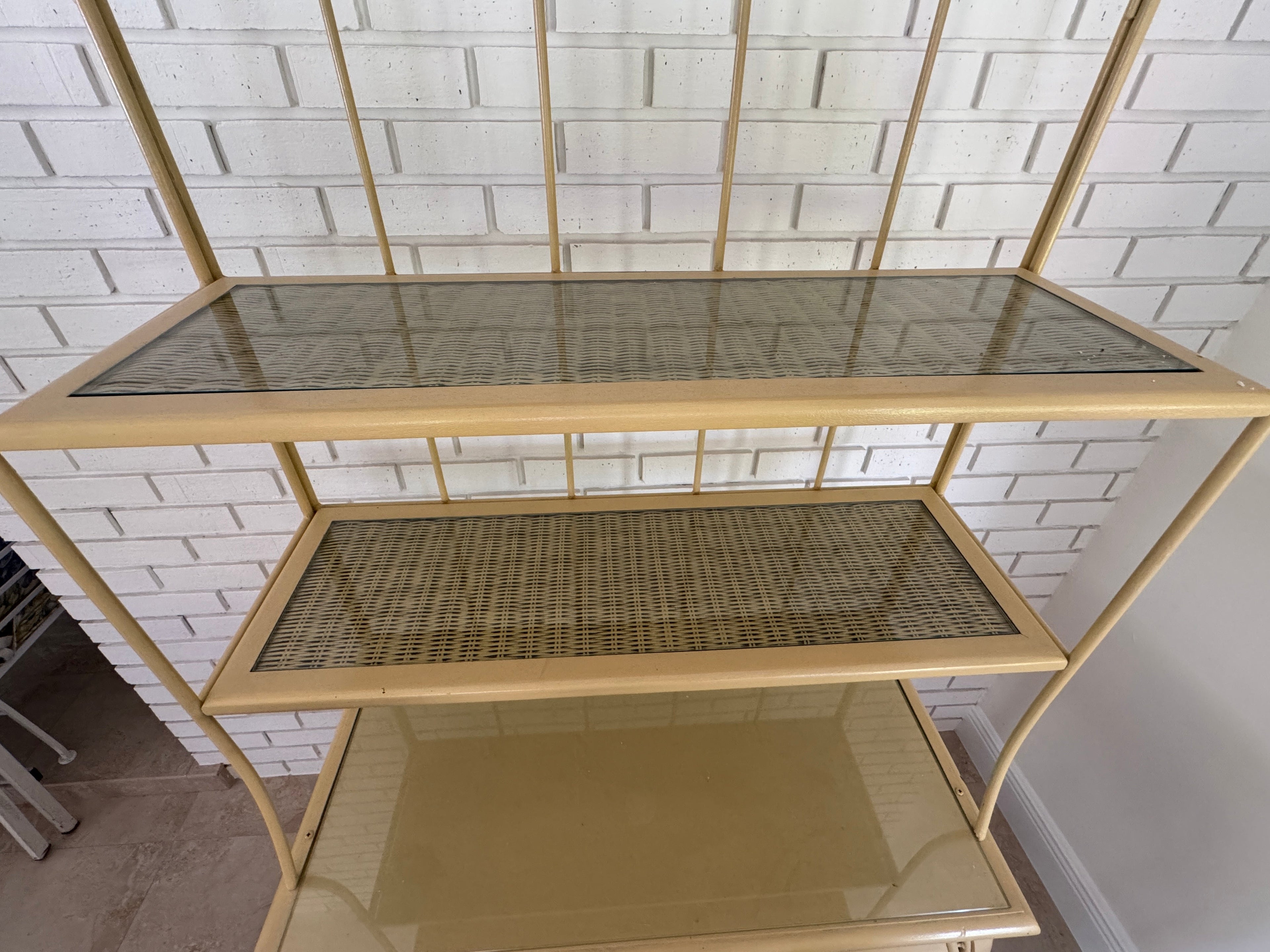 Vintage 1970s Wrought Iron Bakers Rack with Woven Rattan Shelves
