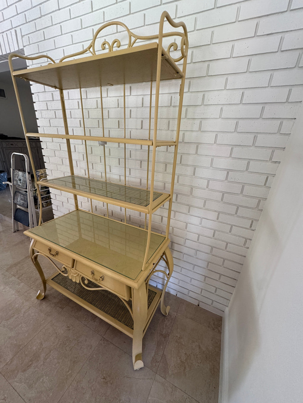 Vintage 1970s Wrought Iron Bakers Rack with Woven Rattan Shelves