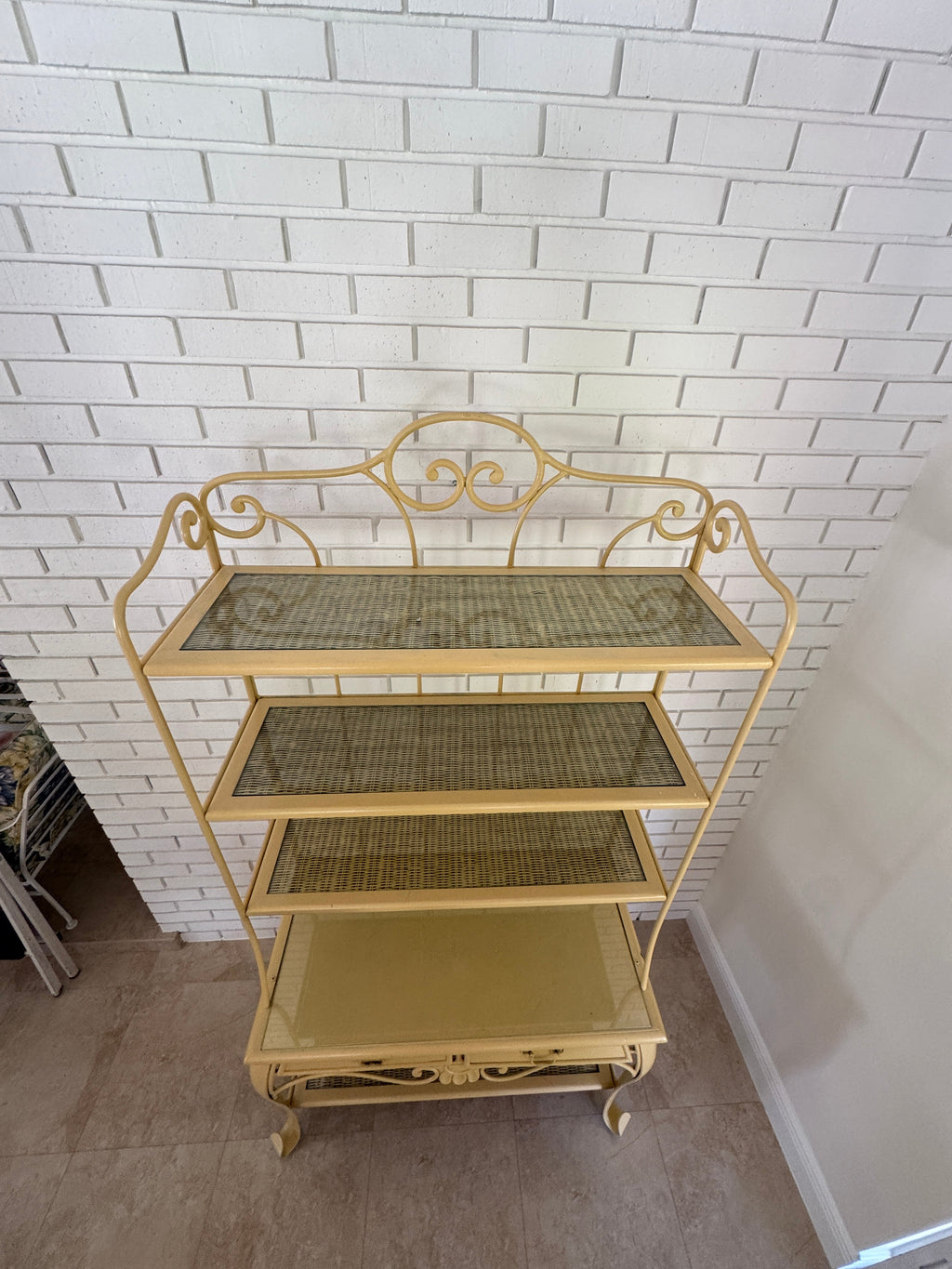 Vintage 1970s Wrought Iron Bakers Rack with Woven Rattan Shelves