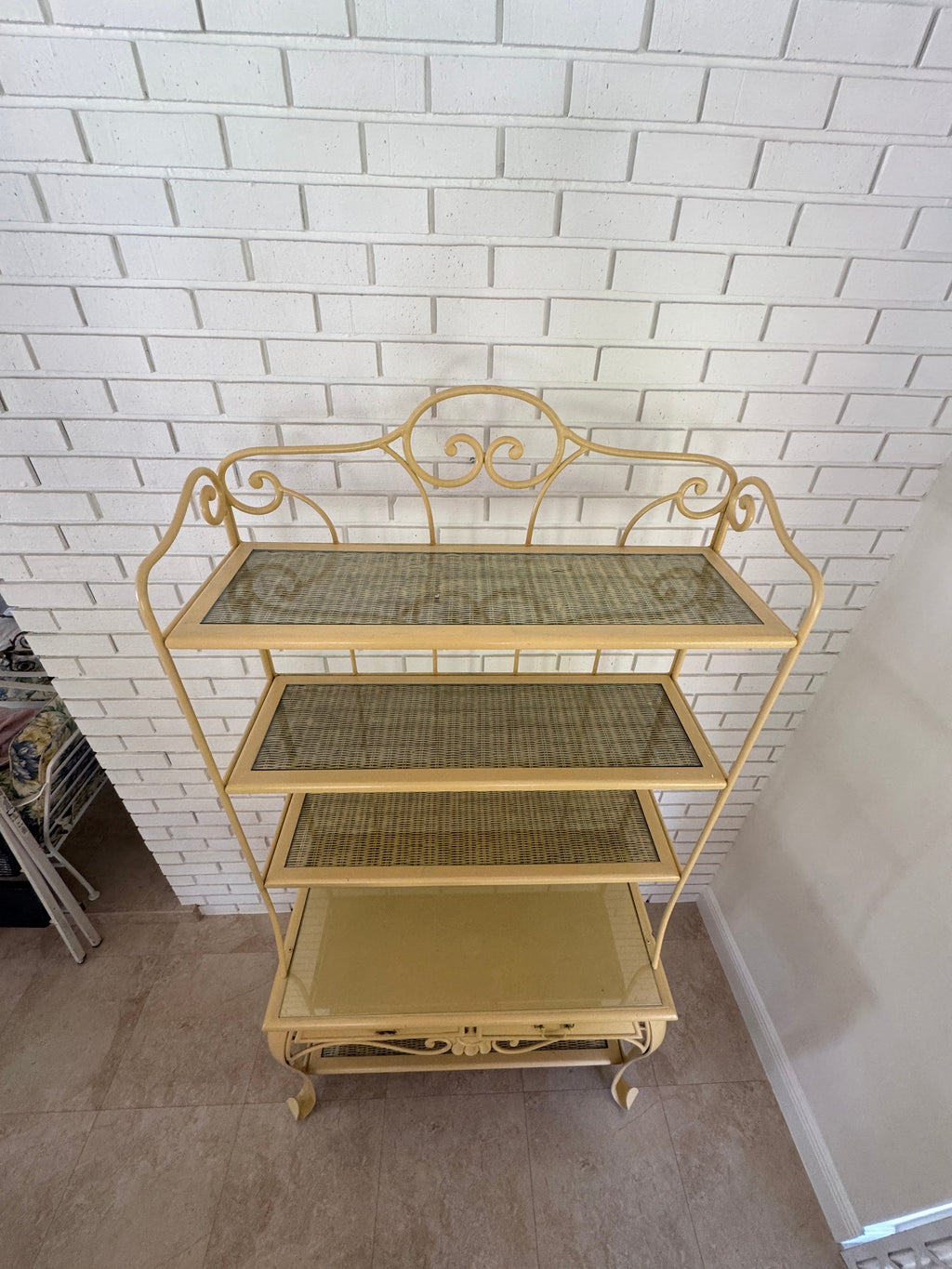 Vintage 1970s Wrought Iron Bakers Rack with Woven Rattan Shelves