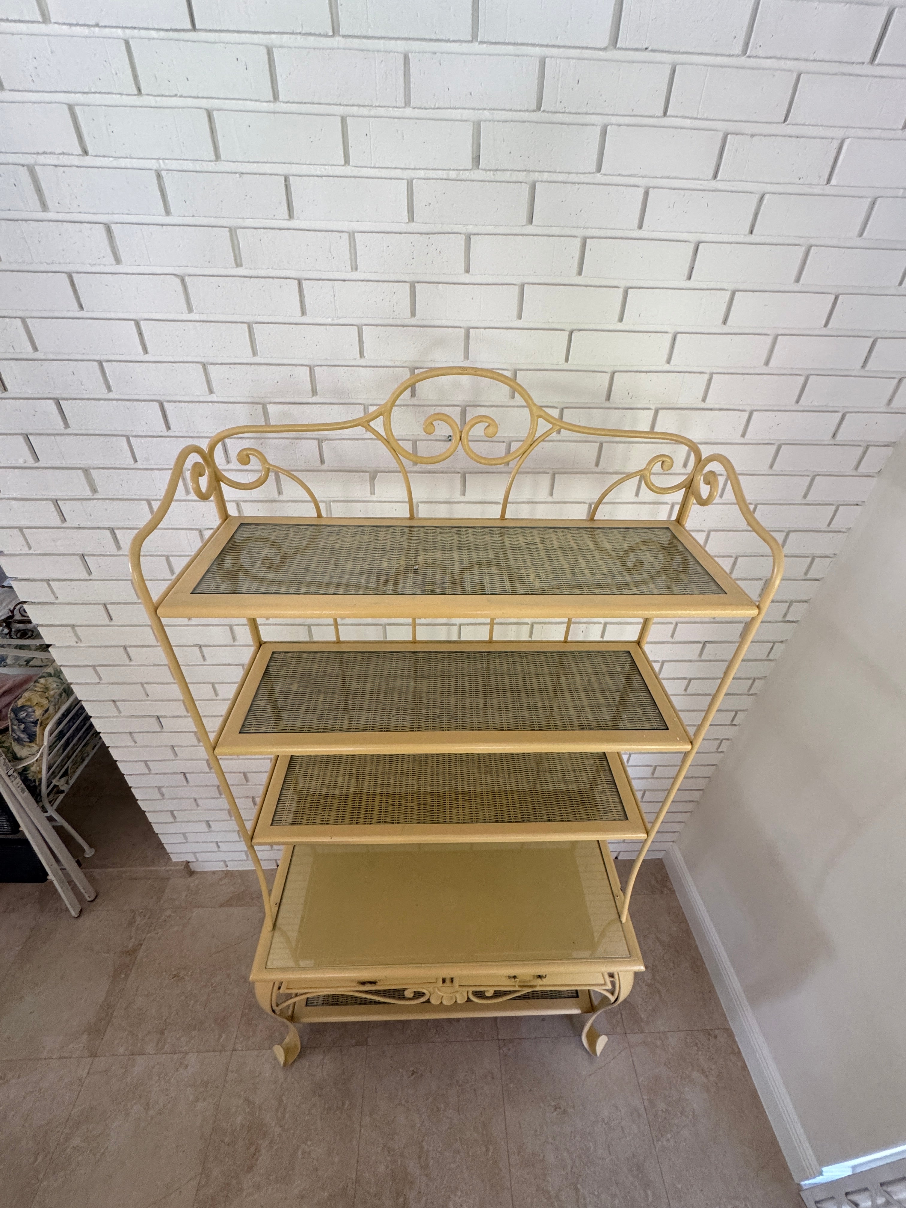 Vintage 1970s Wrought Iron Bakers Rack with Woven Rattan Shelves