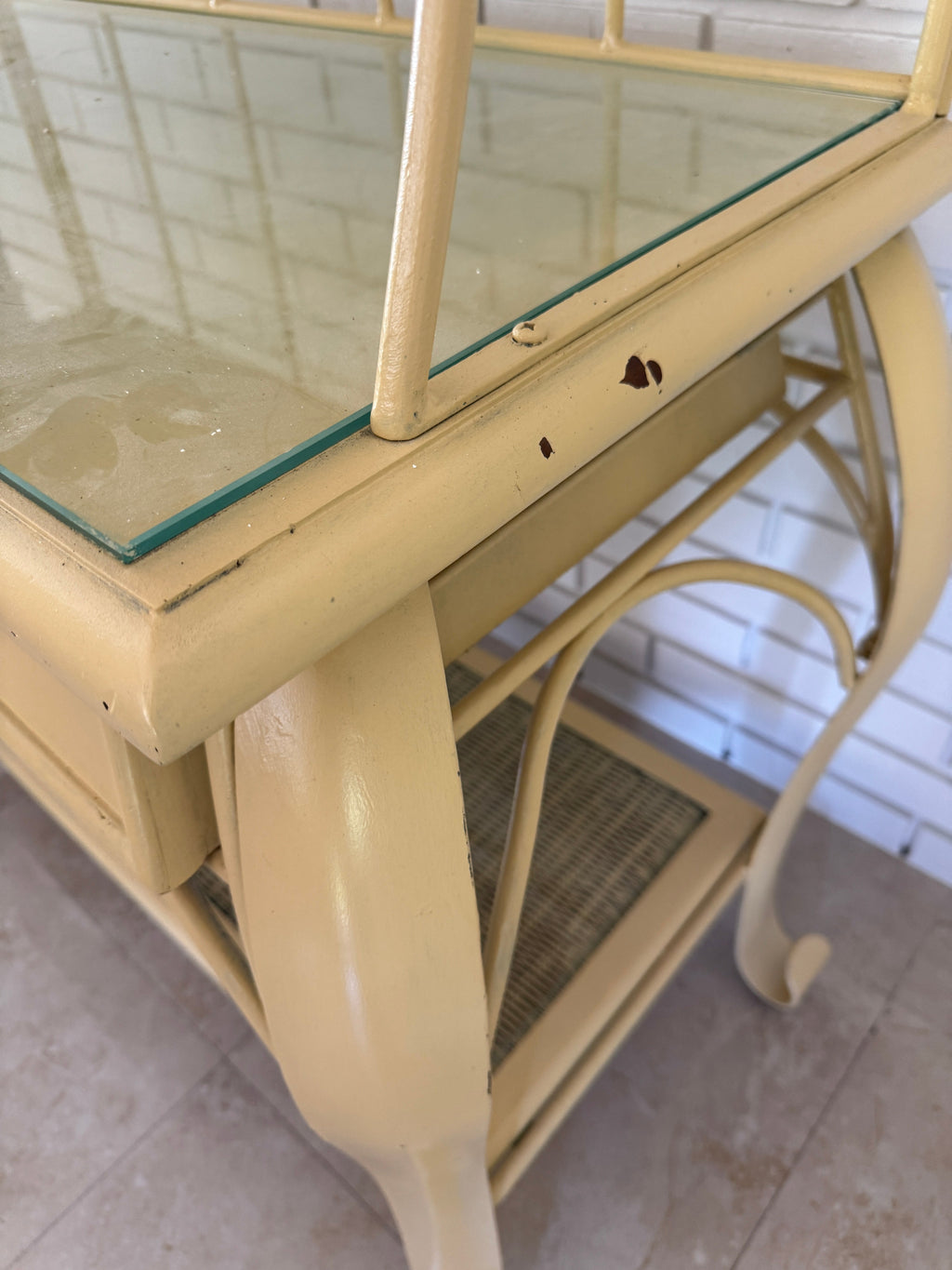Vintage 1970s Wrought Iron Bakers Rack with Woven Rattan Shelves