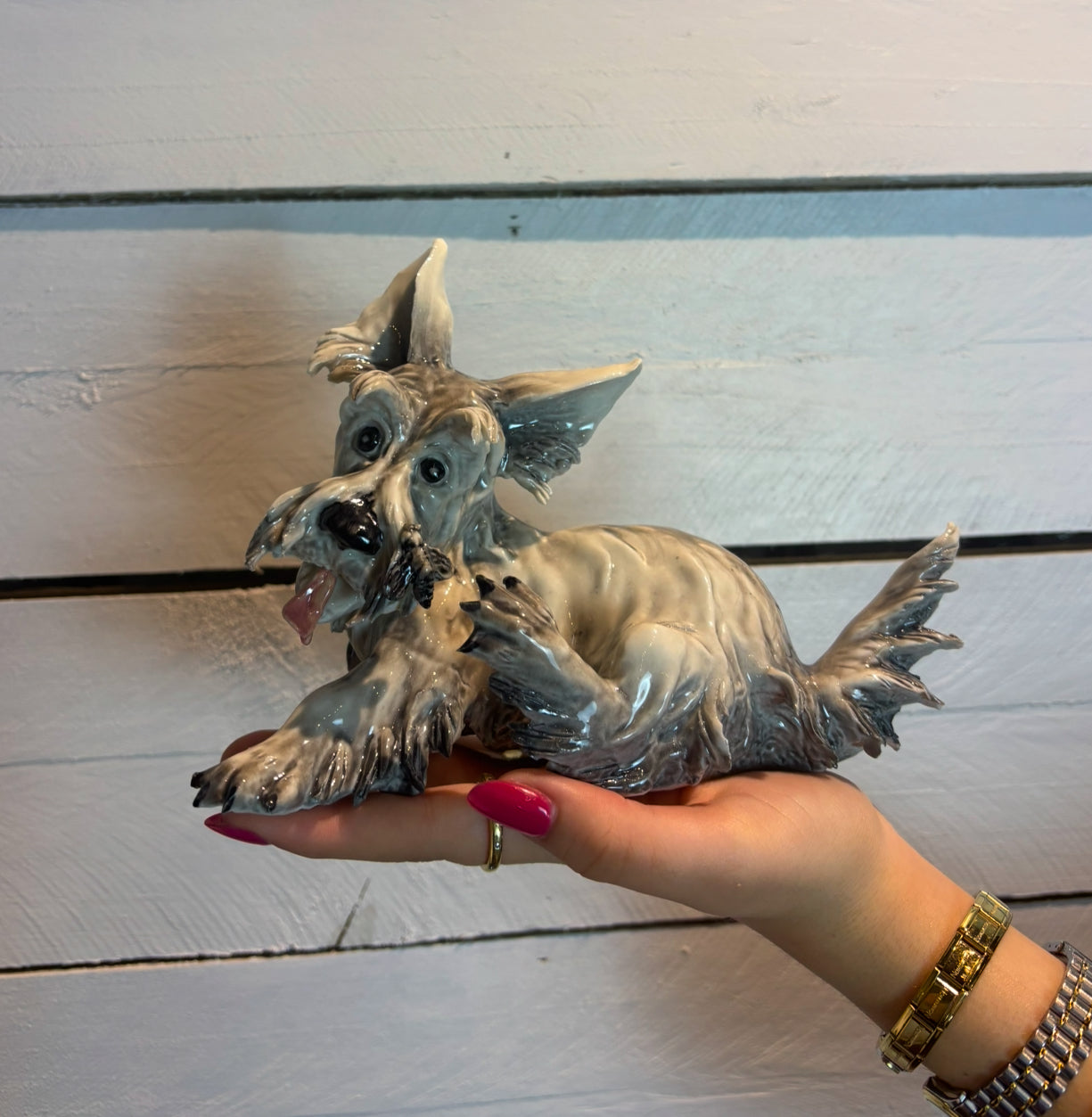Capodimonte Visconti Mollica Glossy Porcelain Schnauzer/Scottish Terrier Dog Figurine