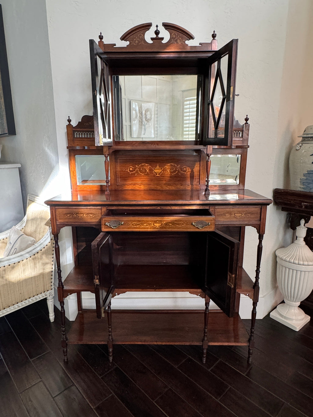 Antique English Rosewood & Marquetry Chiffonier Server Buffet - 19th century