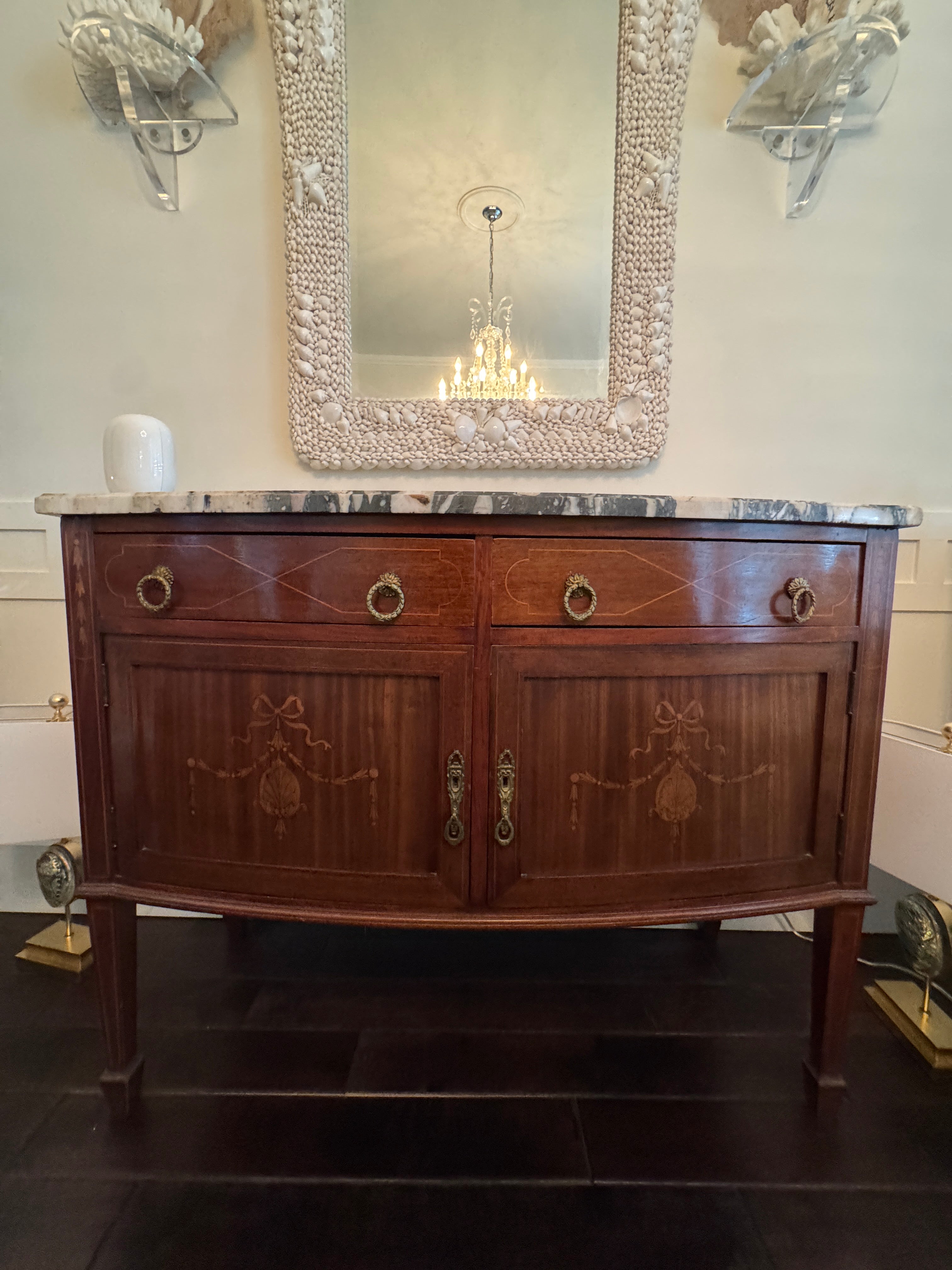 Antique French Louis XVI Demilune Mahogany  Calacatta Viola Marble Top Buffet Sideboard Credenza