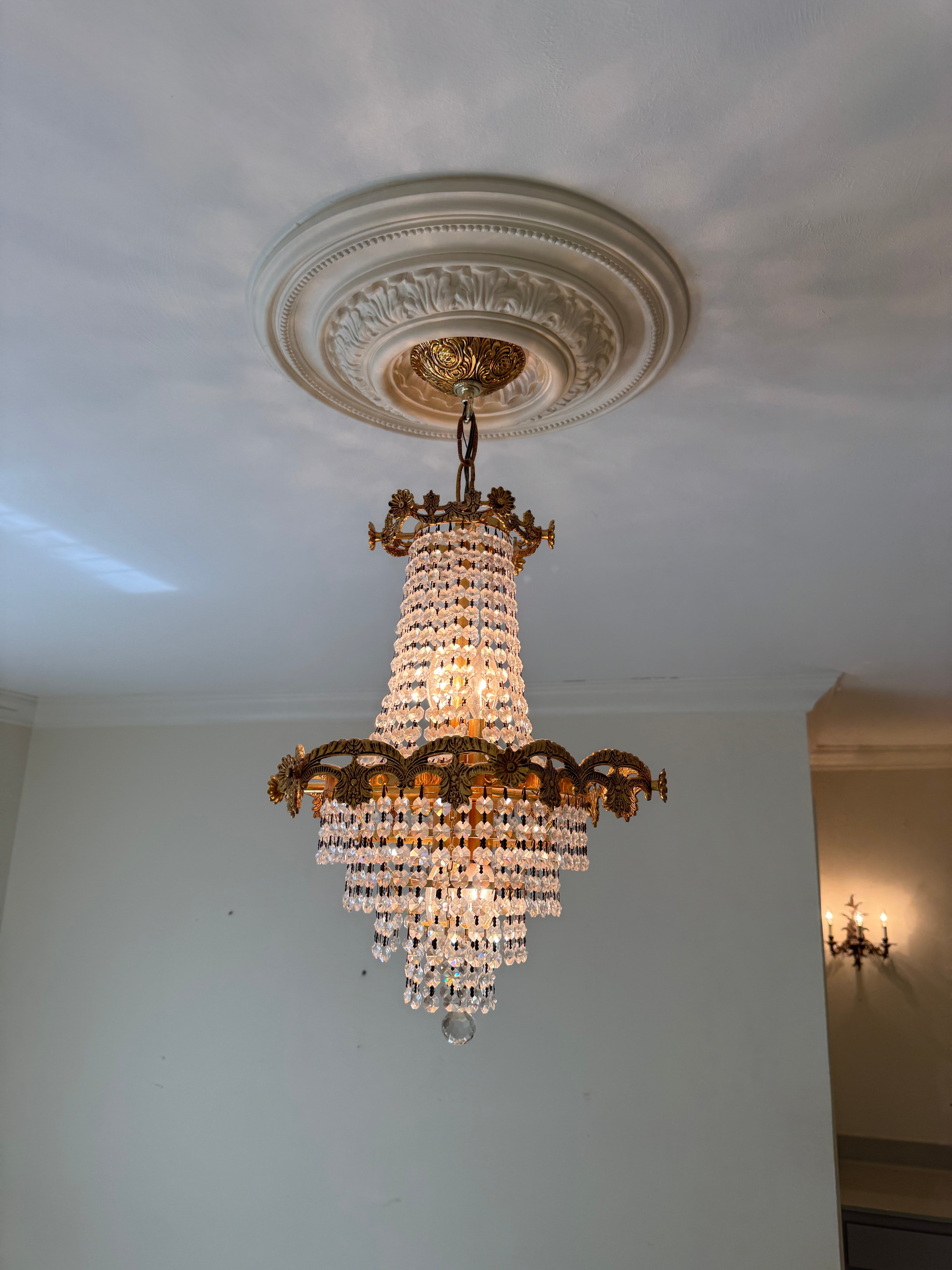 Mid-Century Schonbek Empire Style Crystal & Gilded Brass Chandelier Pendant