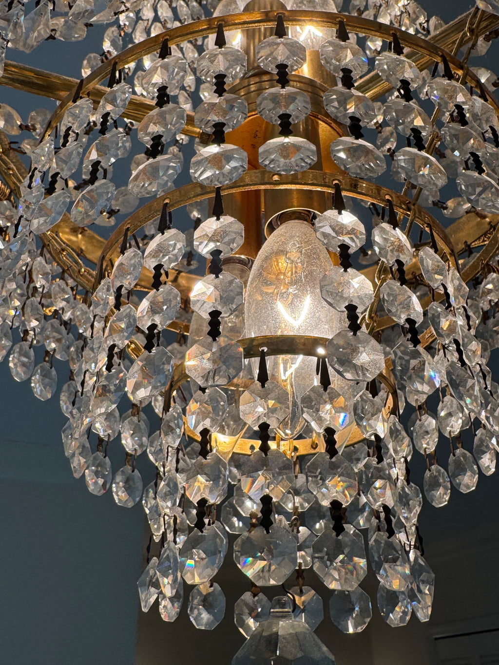 Mid-Century Schonbek Empire Style Crystal & Gilded Brass Chandelier Pendant
