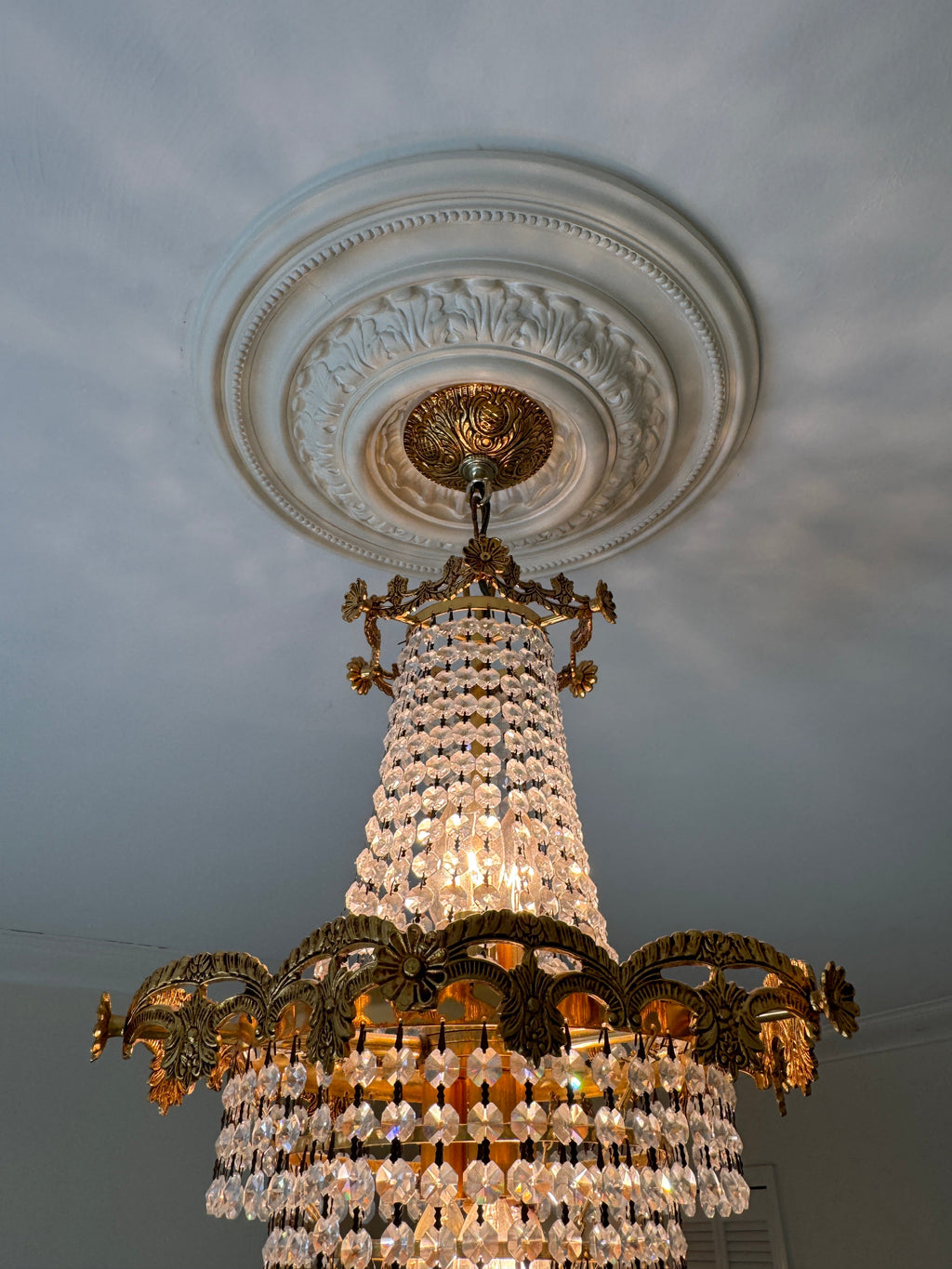 Mid-Century Schonbek Empire Style Crystal & Gilded Brass Chandelier Pendant