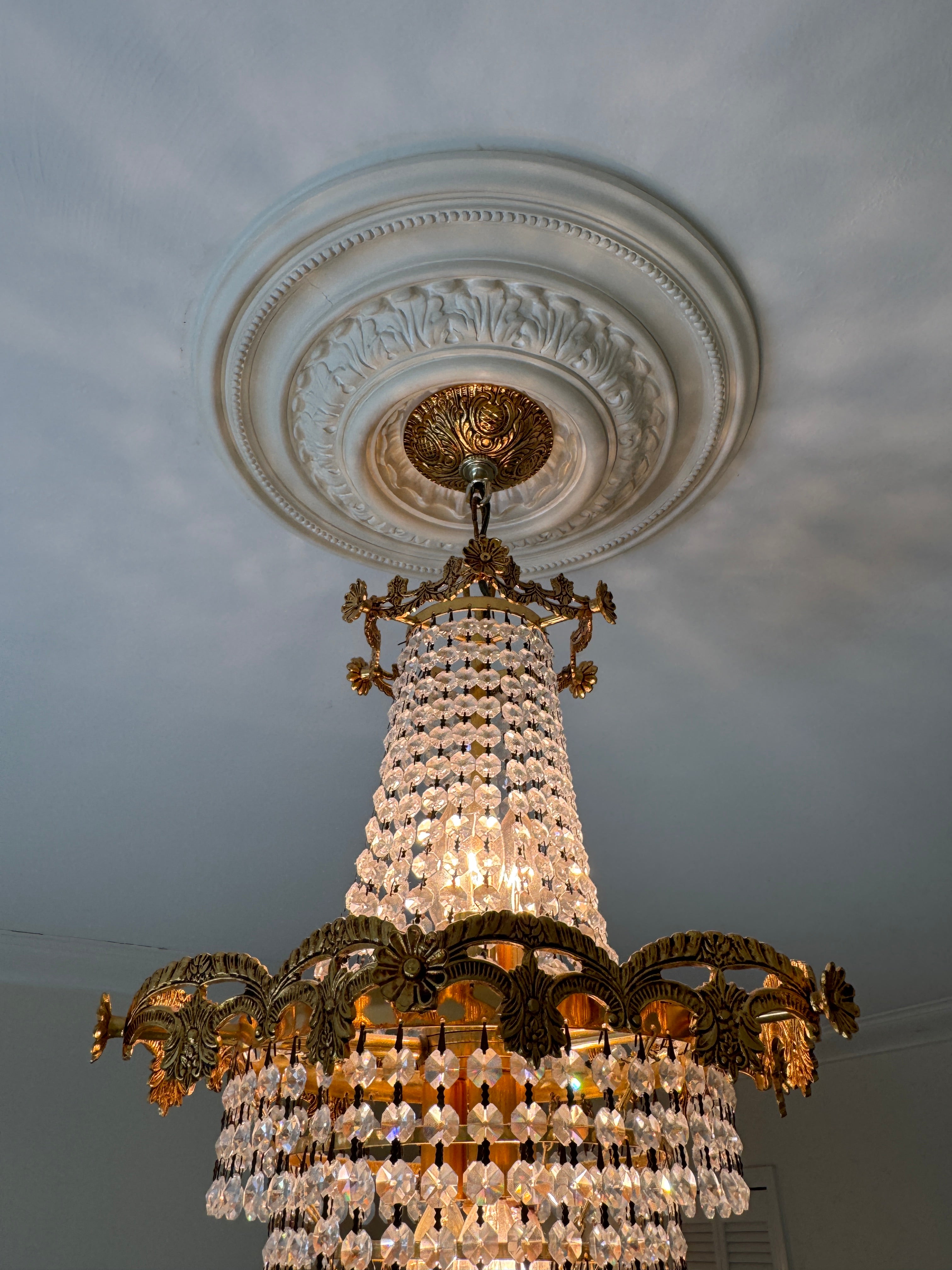 Mid-Century Schonbek Empire Style Crystal & Gilded Brass Chandelier Pendant