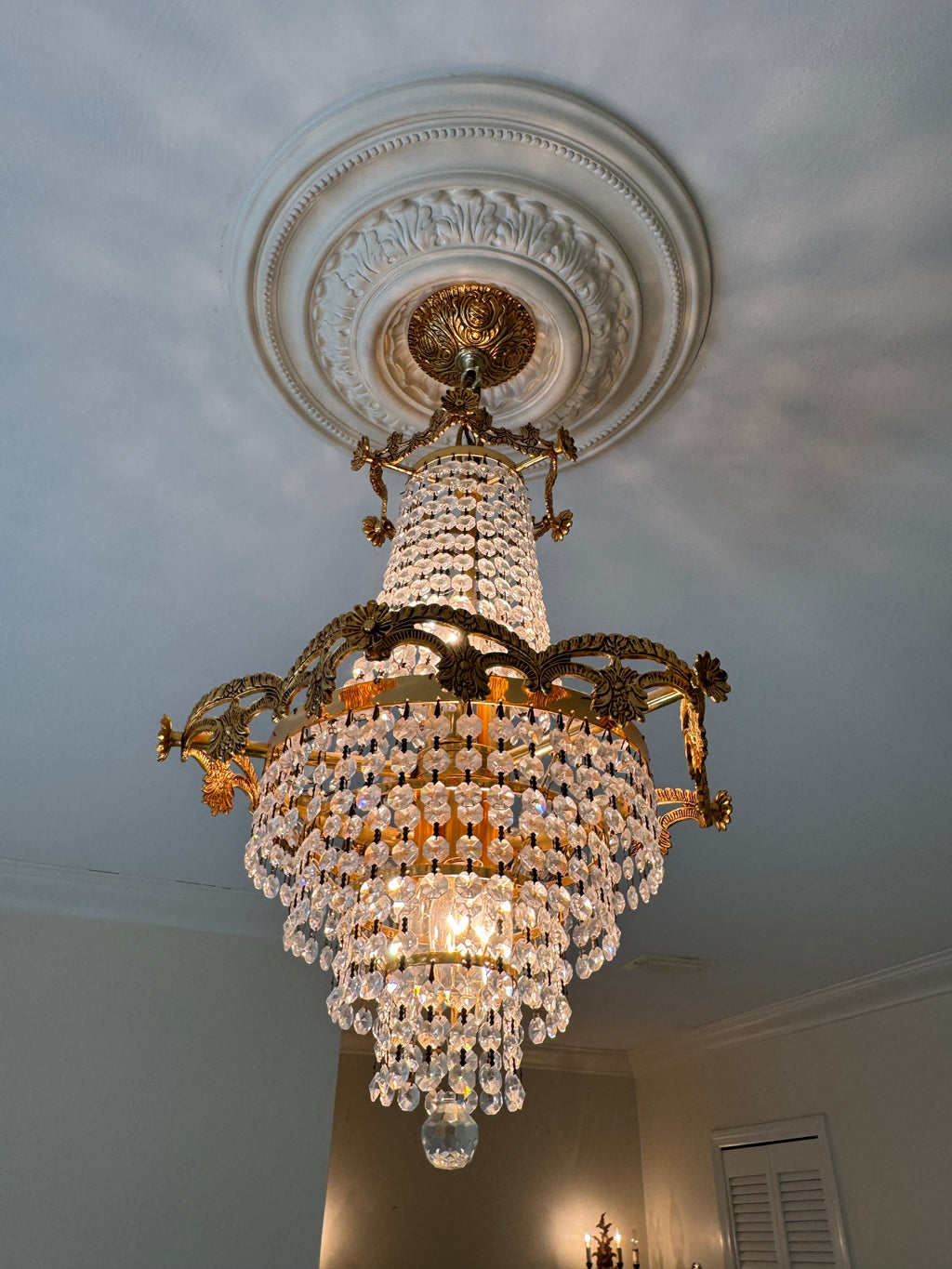 Mid-Century Schonbek Empire Style Crystal & Gilded Brass Chandelier Pendant
