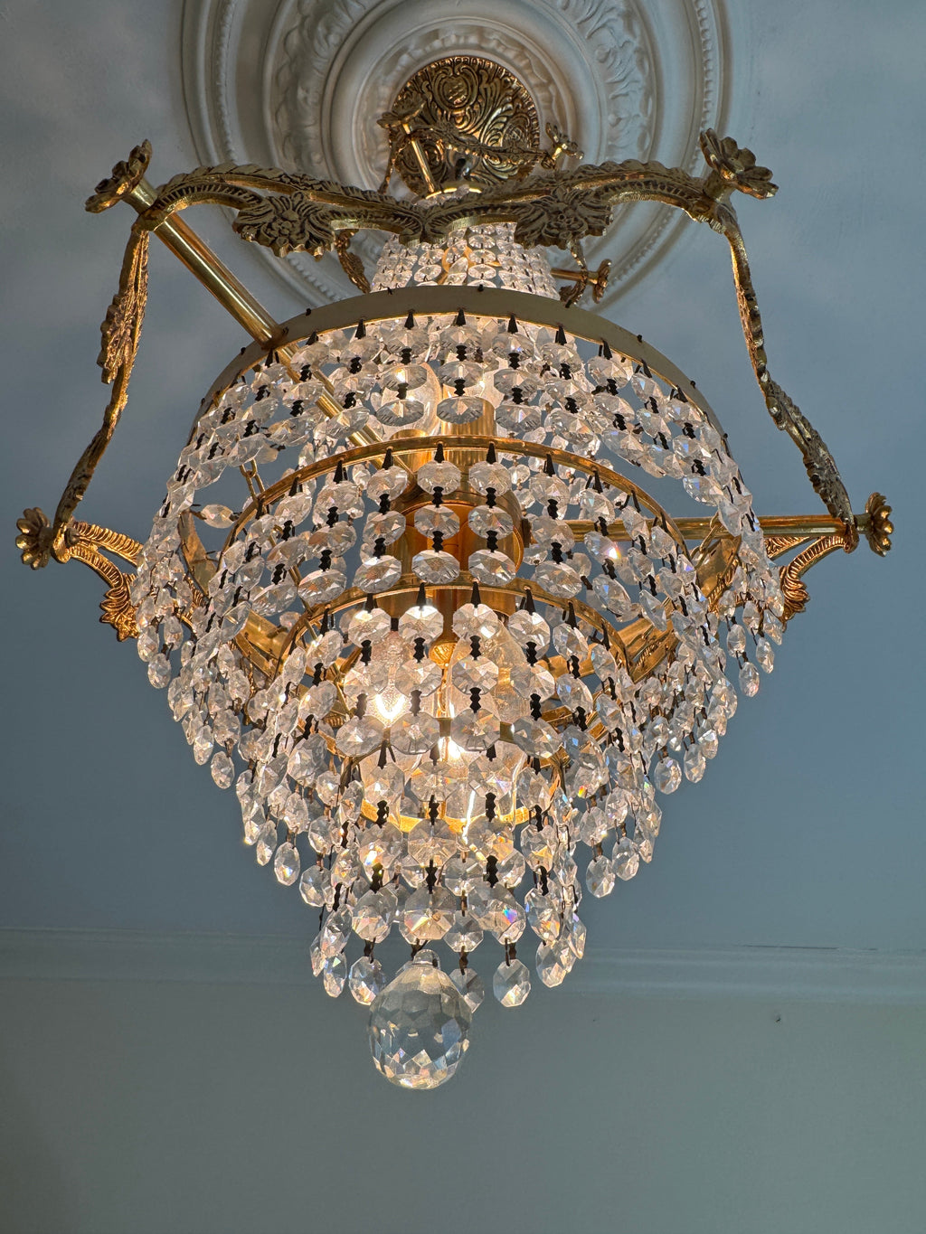 Mid-Century Schonbek Empire Style Crystal & Gilded Brass Chandelier Pendant